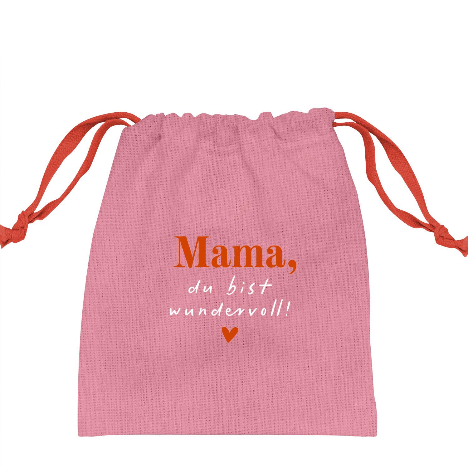 Rosa Geschenksäckchen aus Canvas mit Schriftzug 'Mama, du bist wundervoll!' und rotem Zugband