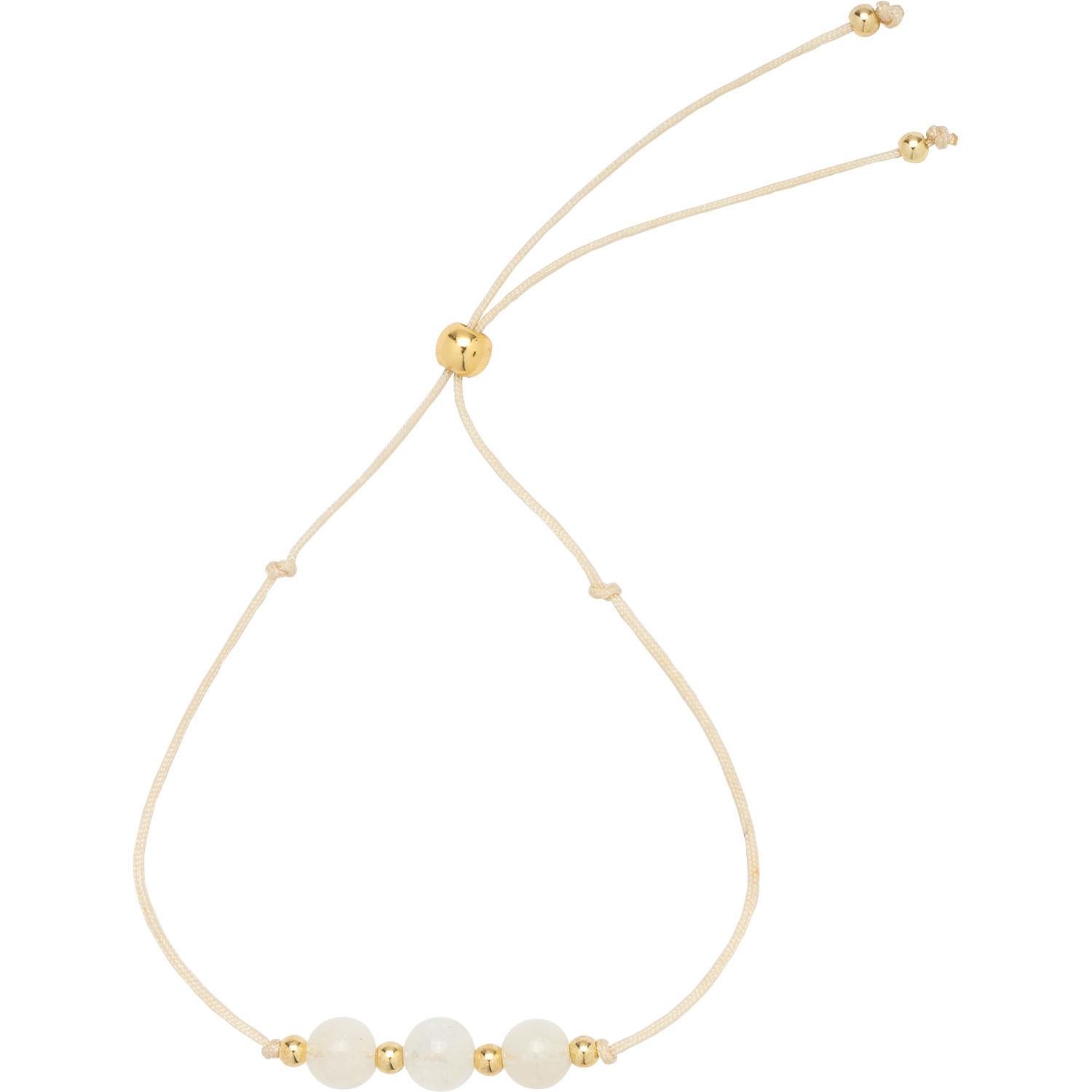 Zartes Citrin-Halbedelstein-Armband mit weißen Perlen und goldenen Akzenten auf cremefarbener Schnur.