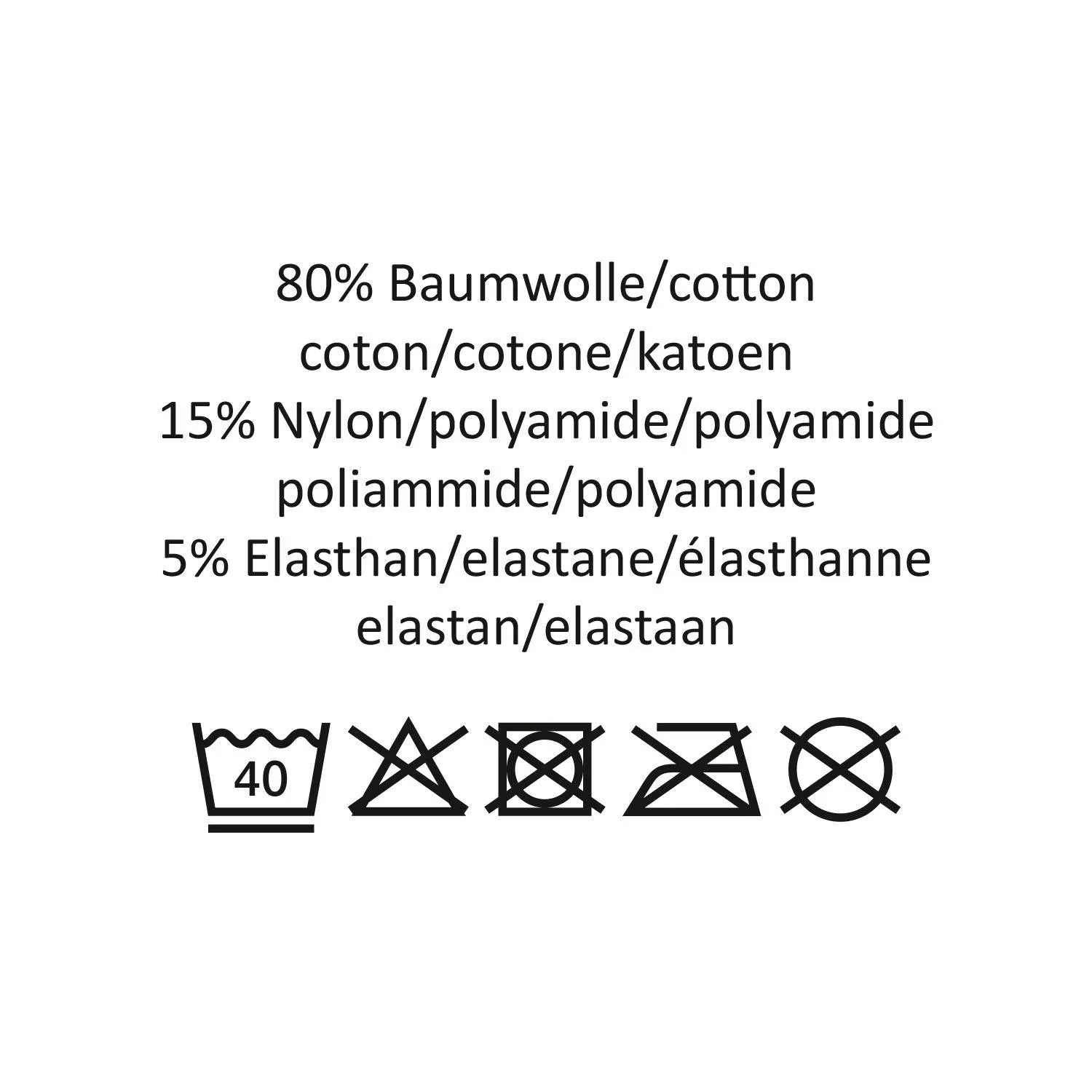 Pflegeetikett mit Materialangaben und Pflegehinweisen auf weißem Hintergrund
