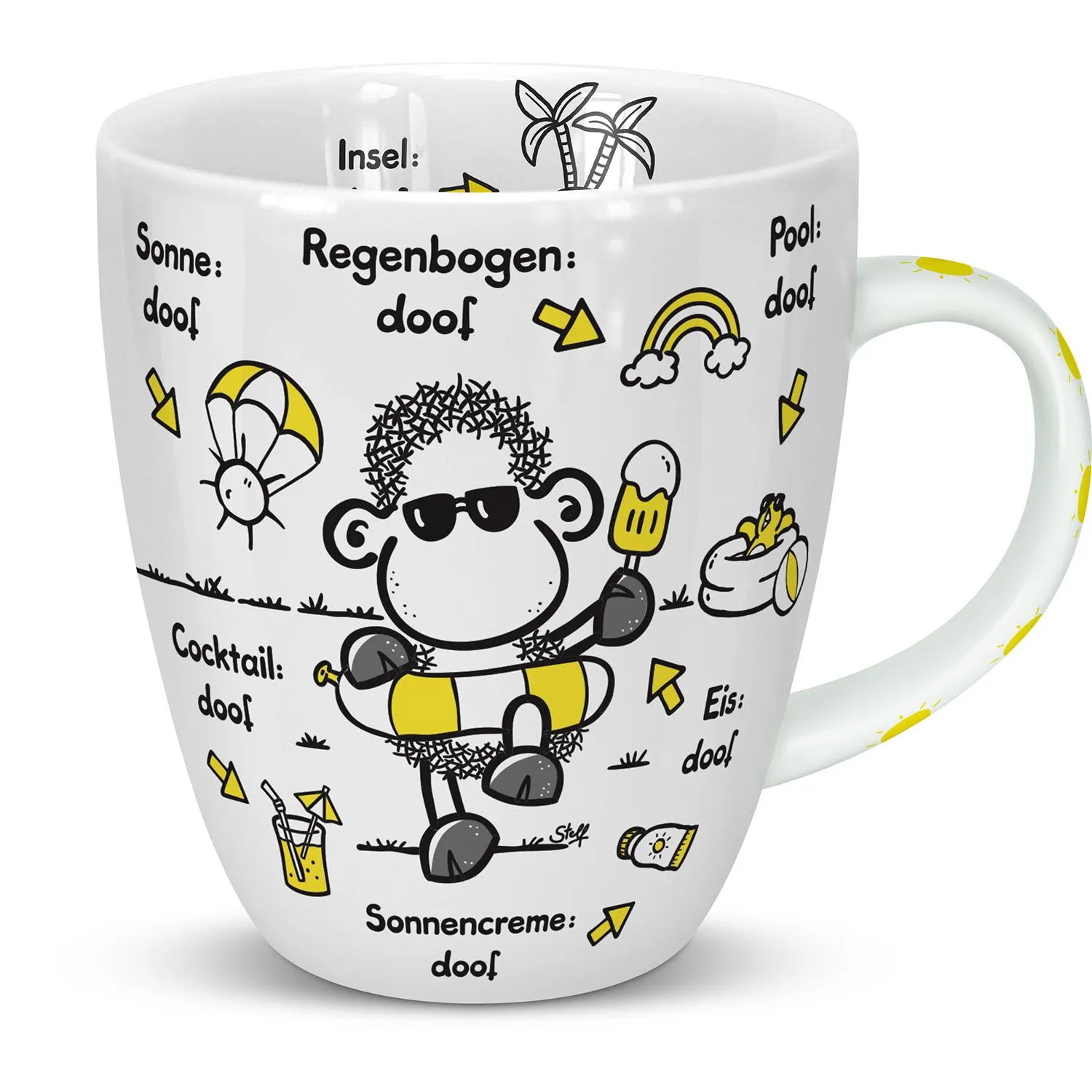 Weiße Porzellan-Tasse mit Cartoon-Schaf-Motiv und Spruch