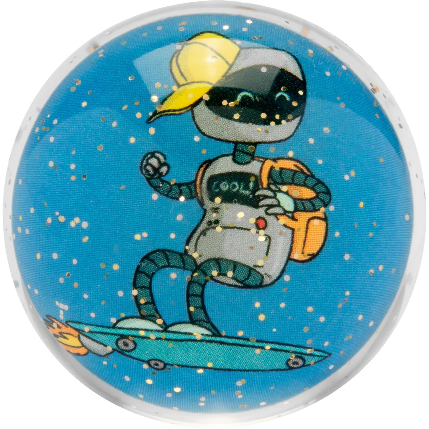 Blauer Glitzerflummi mit Roboter-Motiv auf Skateboard, 4,3 cm Durchmesser