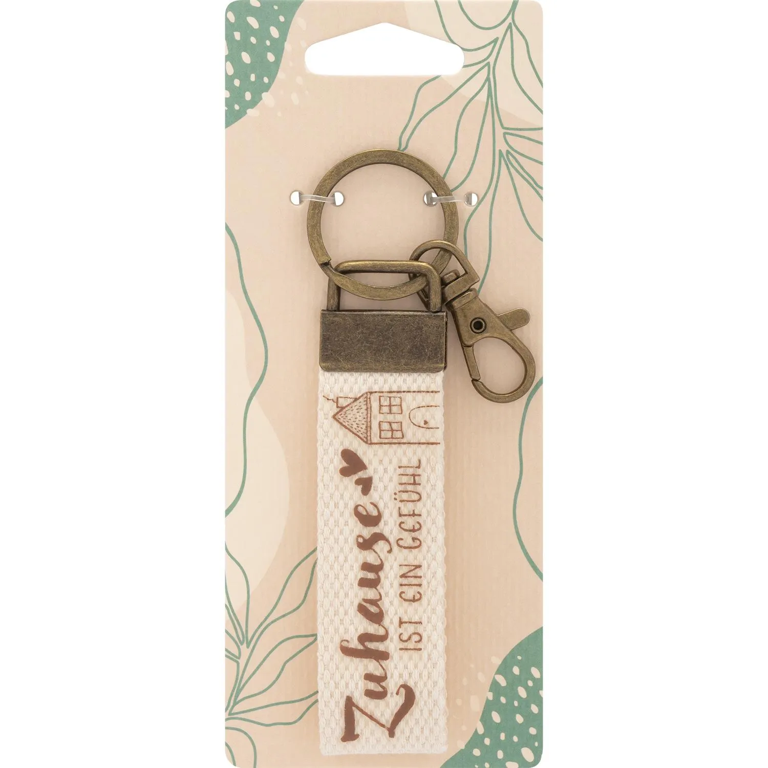 Canvas-Schlüsselanhänger mit Hausmotiv und bronzefarbenem Metall-Haken