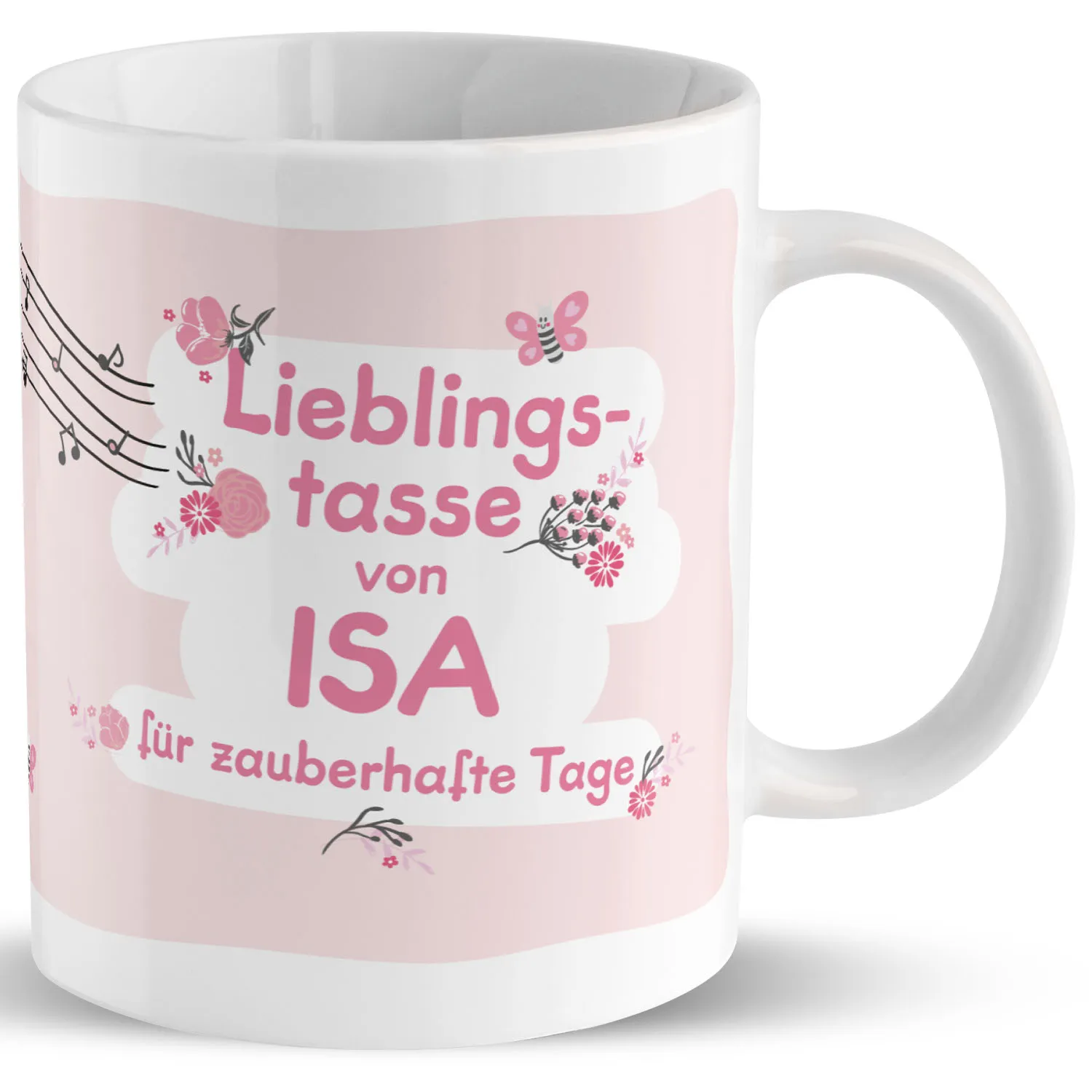 Weiße Porzellanstasse mit rosa Druck 'Lieblings-tasse von ISA', personalisierbar