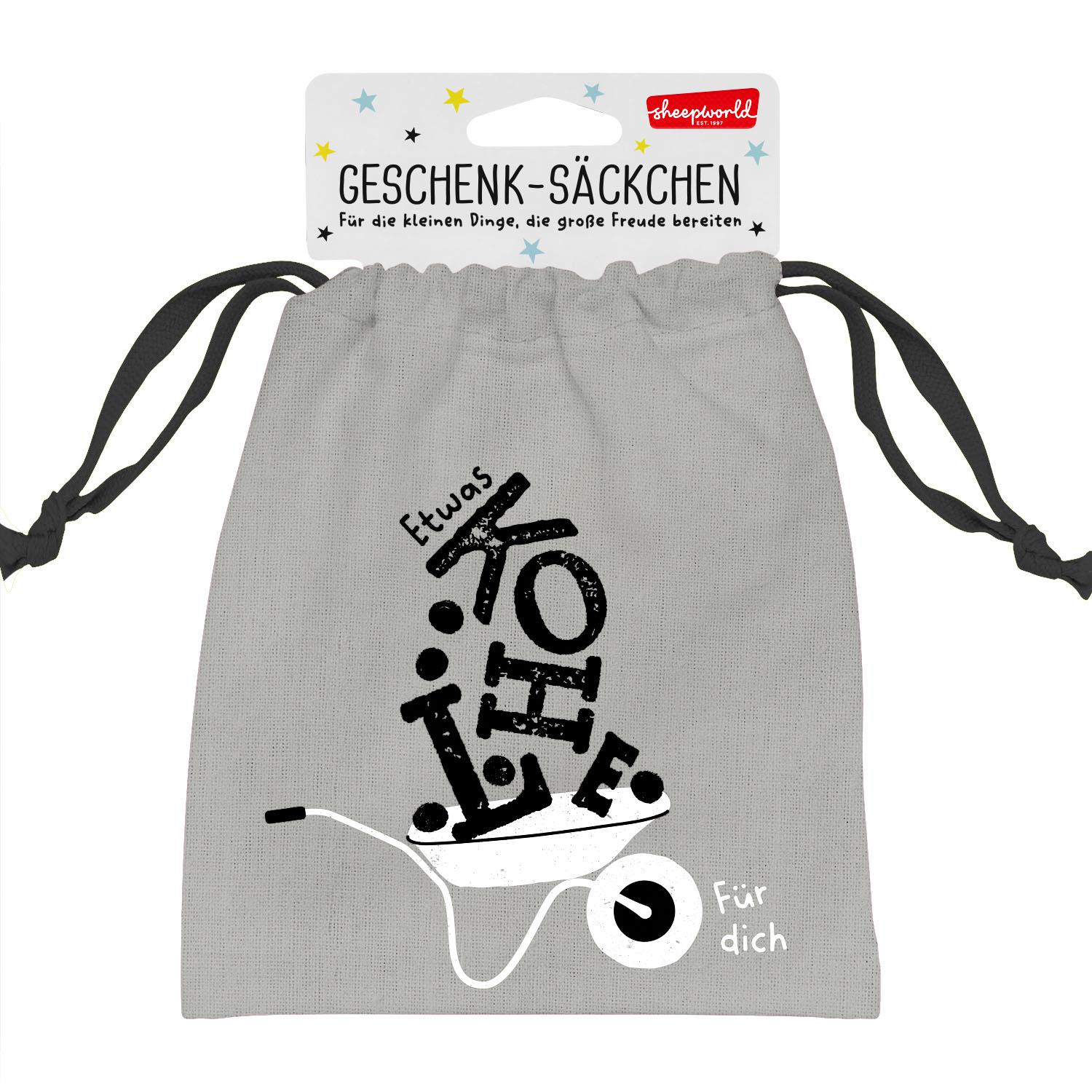 Graues Canvas-Geschenk-Säckchen mit Motivdruck 'Etwas Liebe' und 'Für dich'