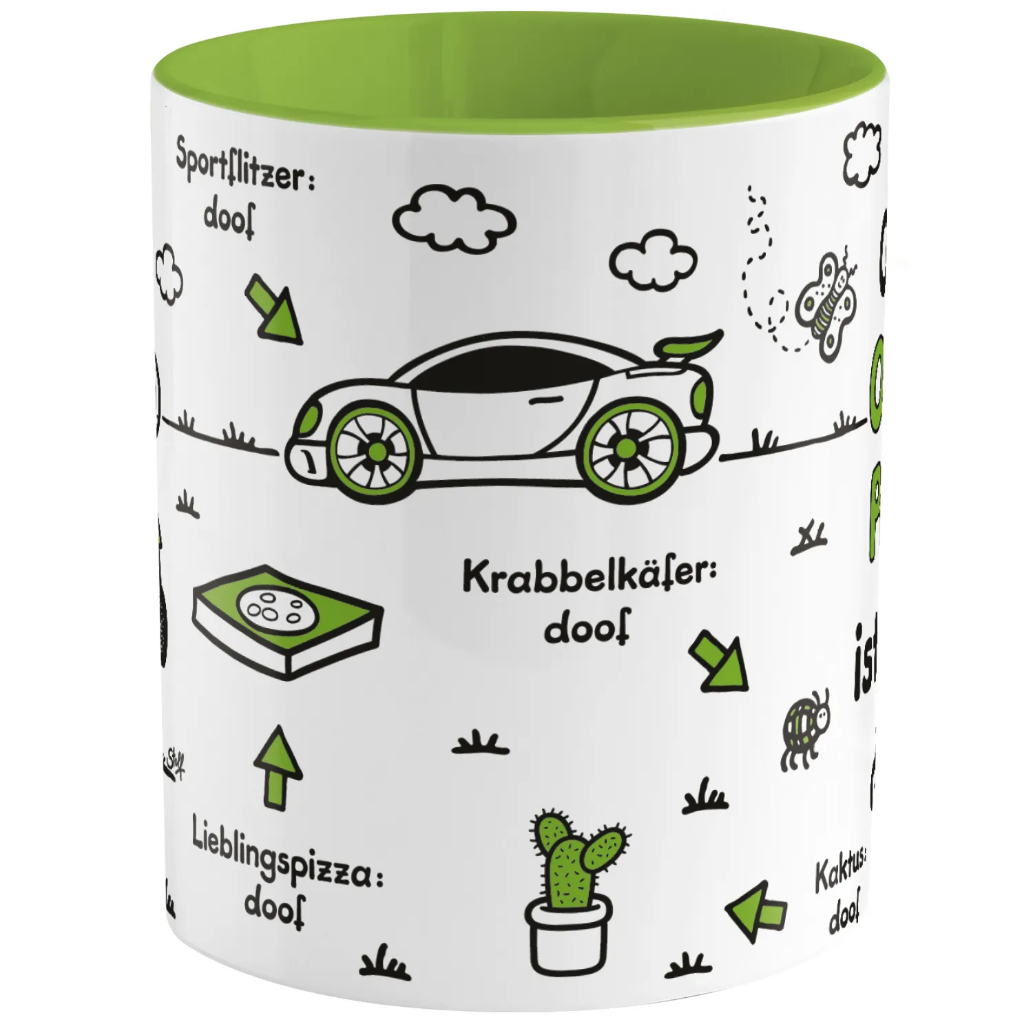 Weiße Porzellan-Tasse mit grünem Innenraum und humorvollen Motiven, personalisiert mit Namen.
