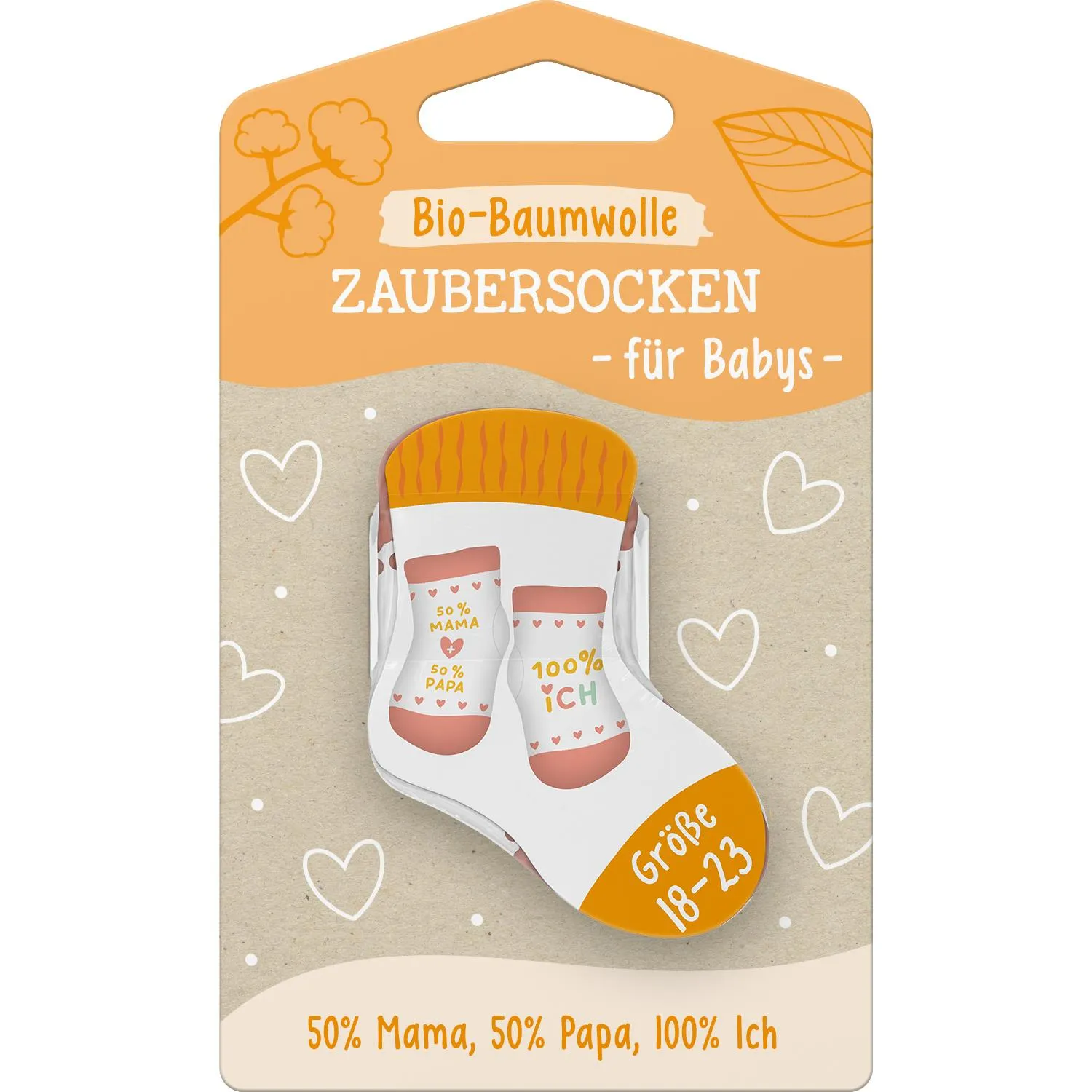 Weiche Babysocken aus Bio-Baumwolle mit Spruch '50% Mama, 50% Papa, 100% Ich' im orangem/beigem Packaging.