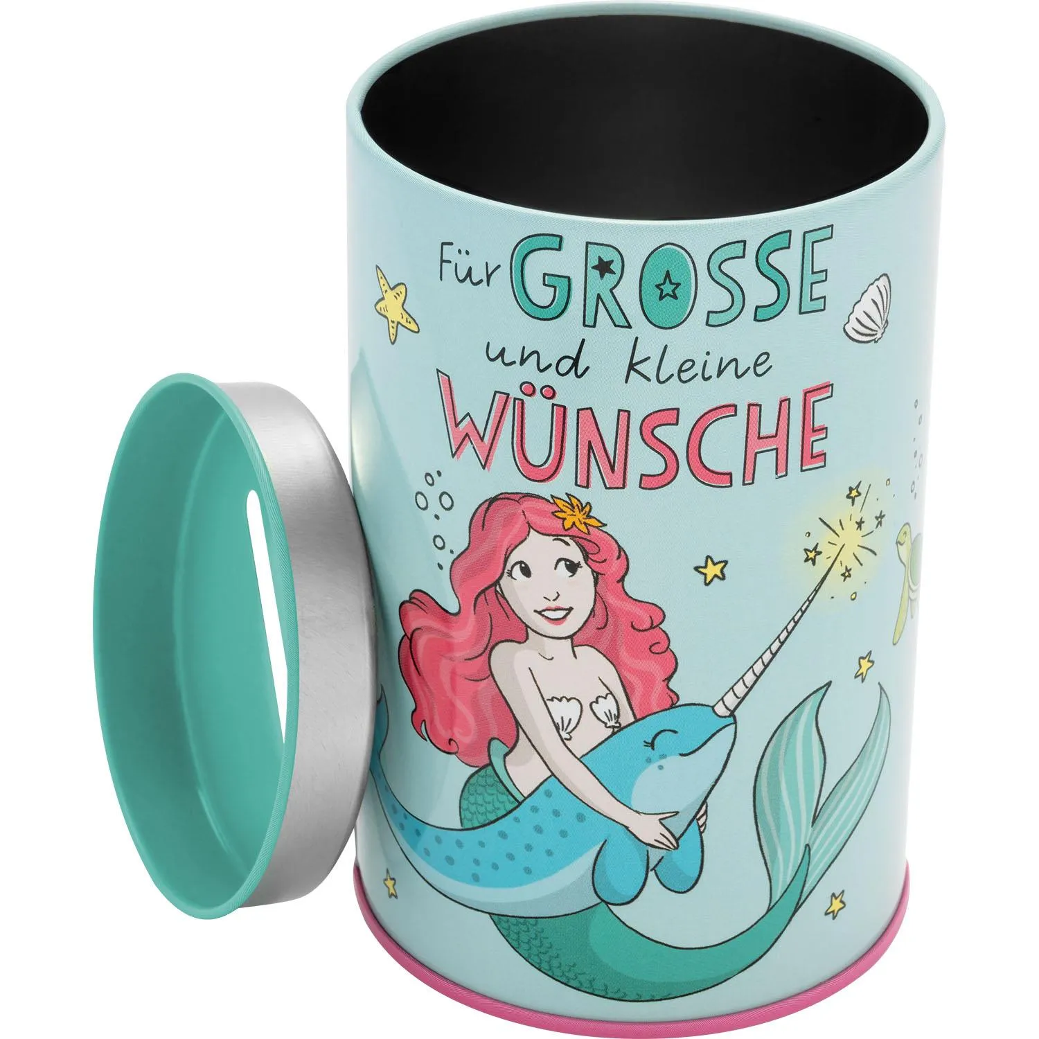Pastellblaue Spardose mit Meerjungfrau und Delfin; Deckel abnehmbar.