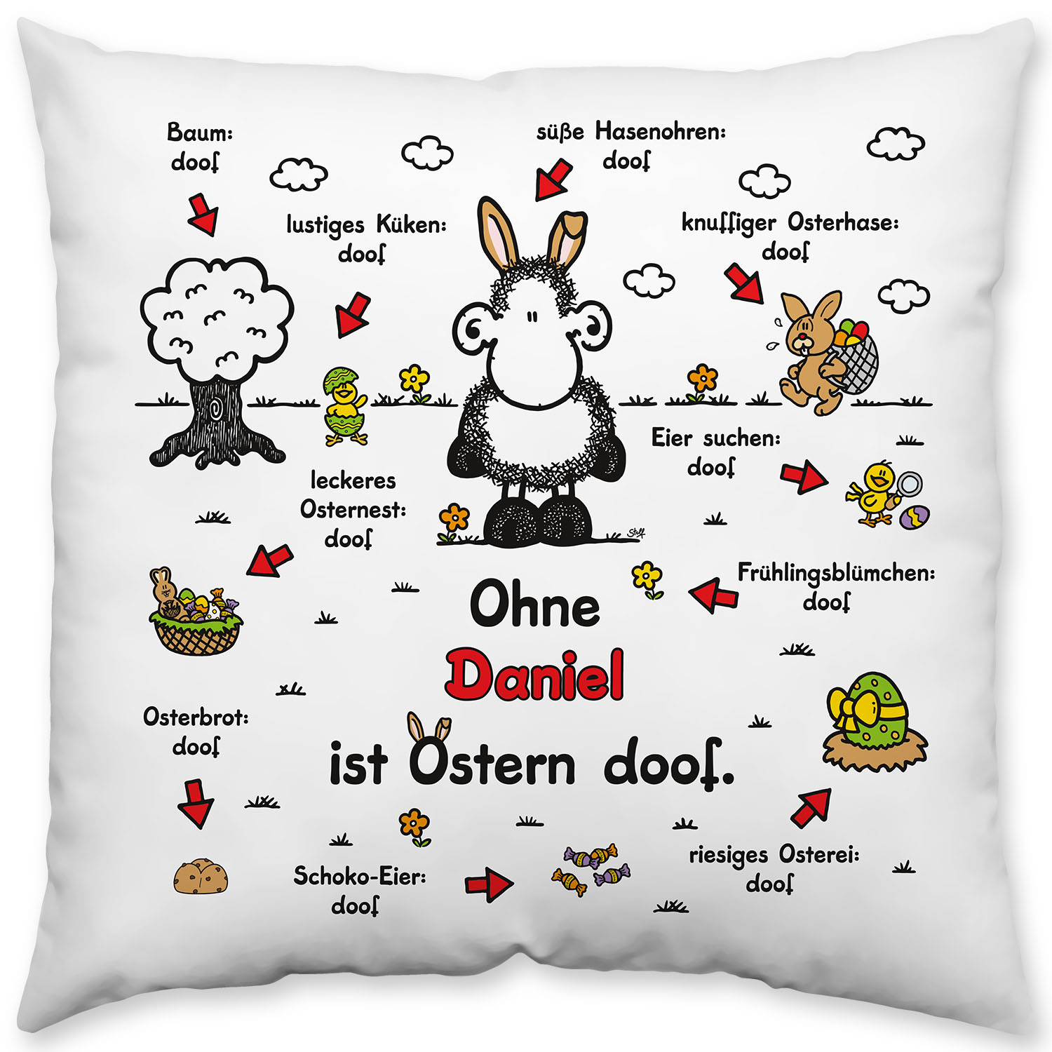 Weißes Kissen mit Schäfchen-Motiv und roter Namensaufschrift 'Daniel'