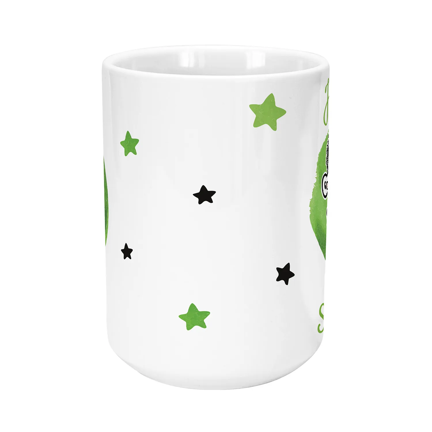 Weiße XL-Tasse mit grünen und schwarzen Sternen, personalisiert mit Namen.