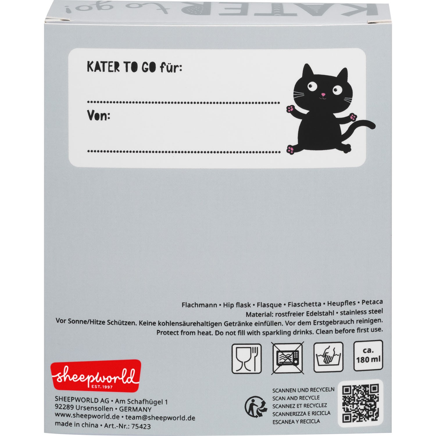 Flachmann aus Edelstahl, 180 ml, in Sichtfensterverpackung mit Katzenmotiv