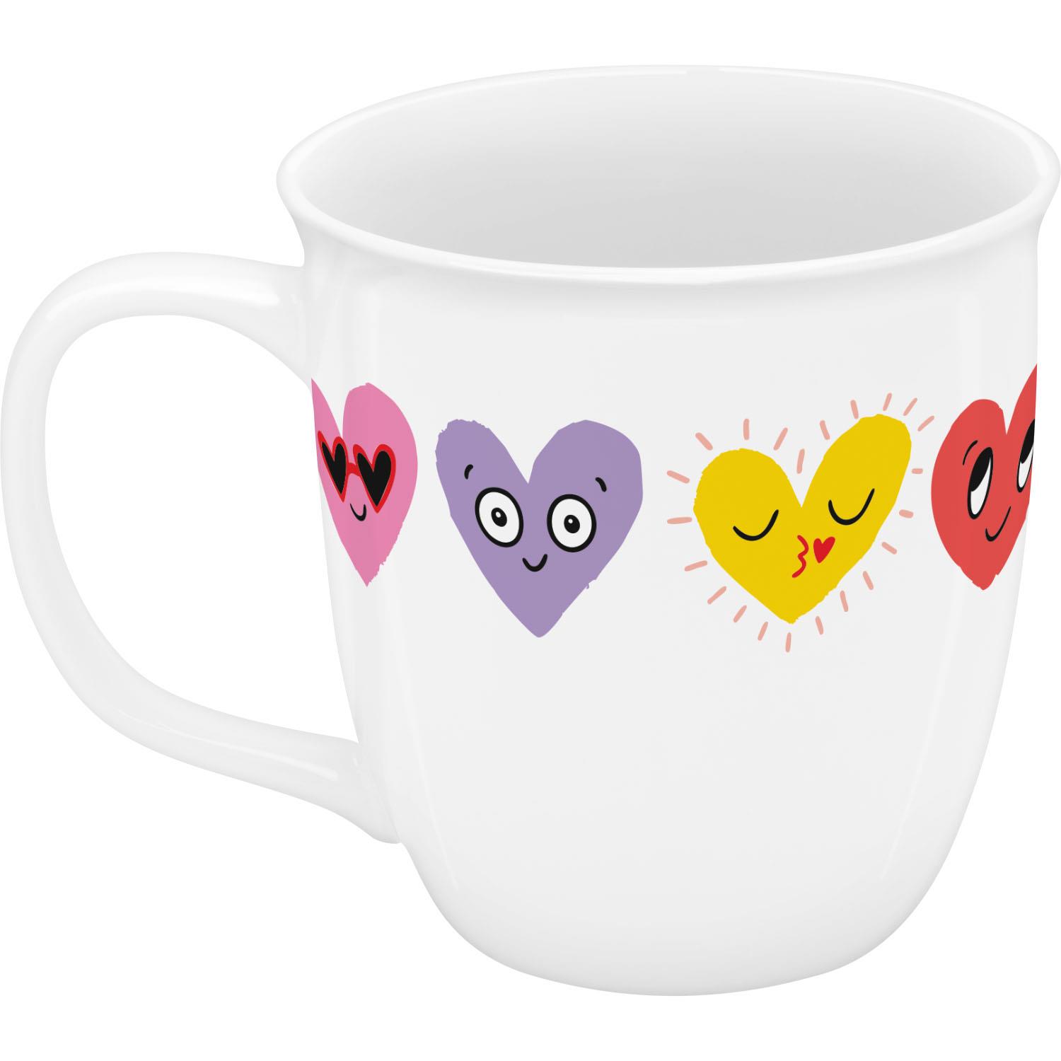 Weiße Porzellan-Tasse mit bunten Herzchen-Gesichtern