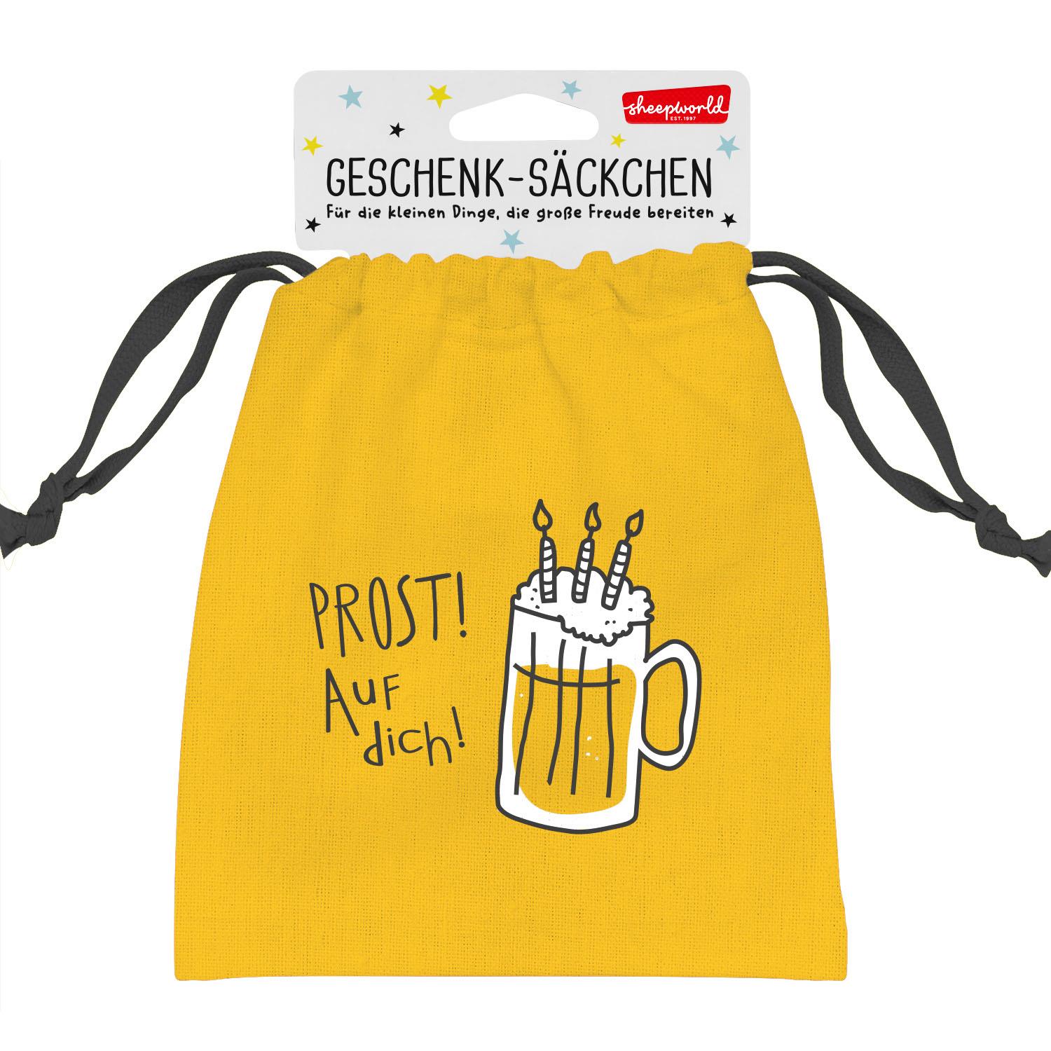 Gelbes Geschenksäckchen aus Canvas/Baumwolle mit Prost-Motiv (Bierkrug und Kerzen).