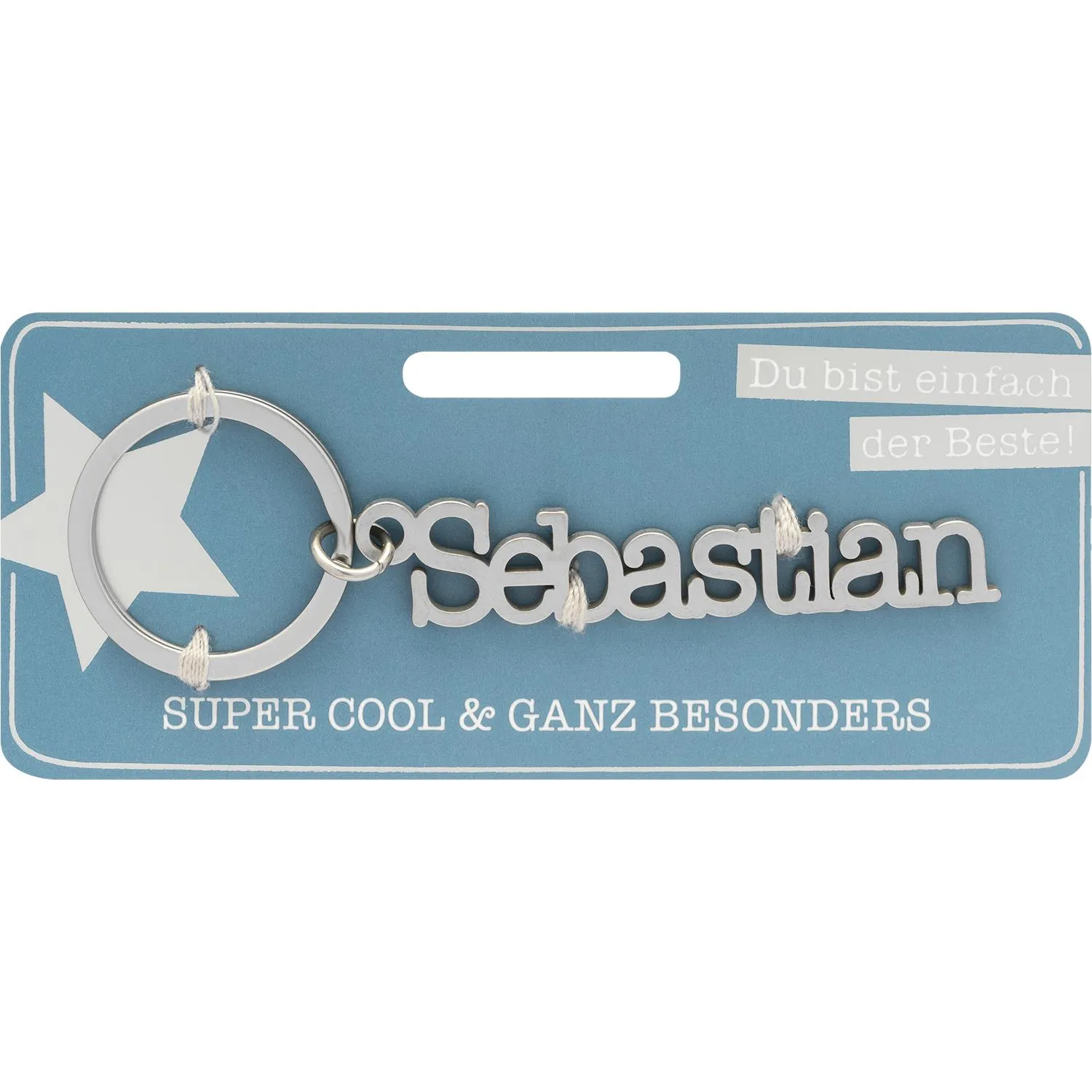 Silberner Namens-Schlüsselanhänger Sebastian aus Edelstahl auf blauer Verpackungskarte