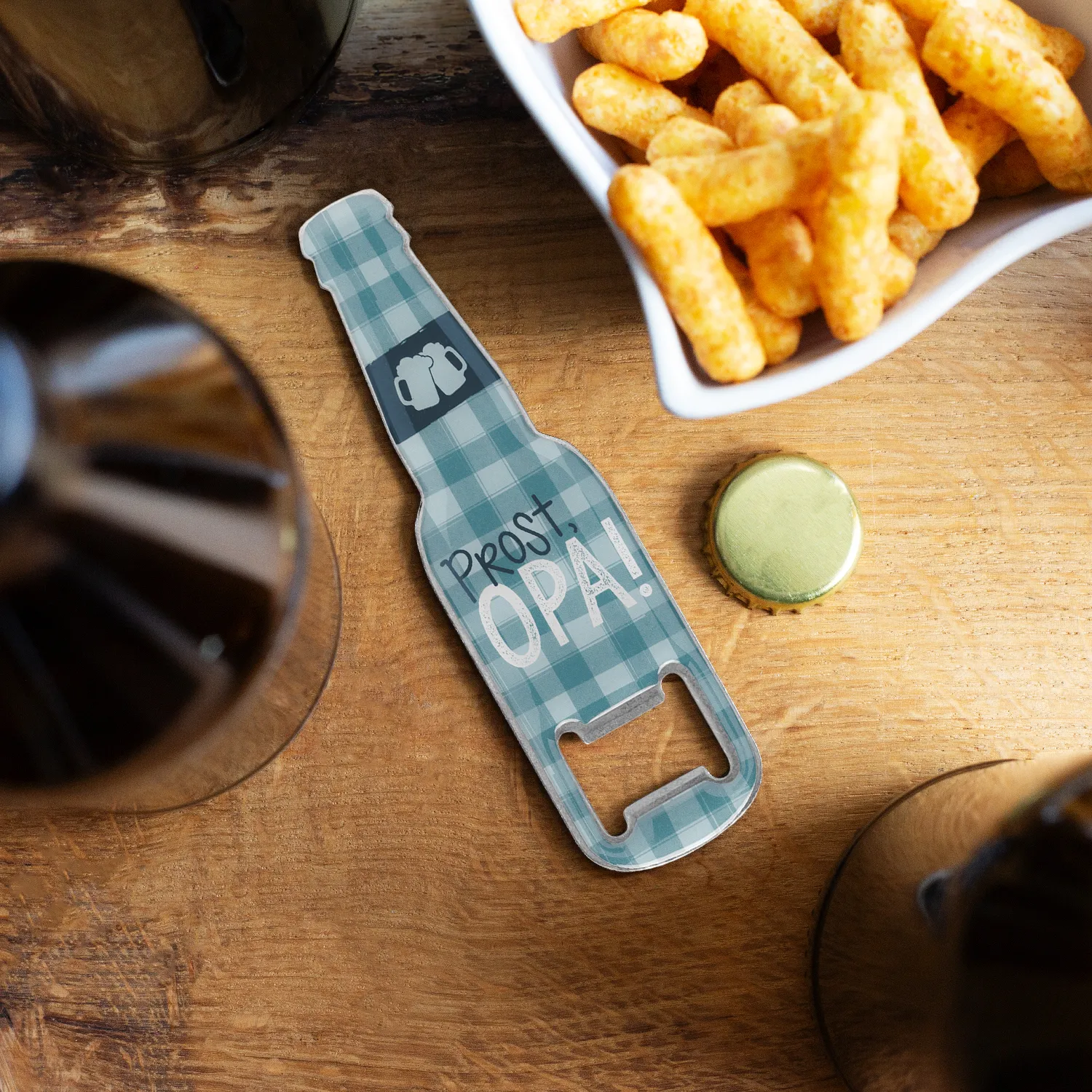 Flaschenöffner mit Magnet Prost Opa! im blau karierten Muster