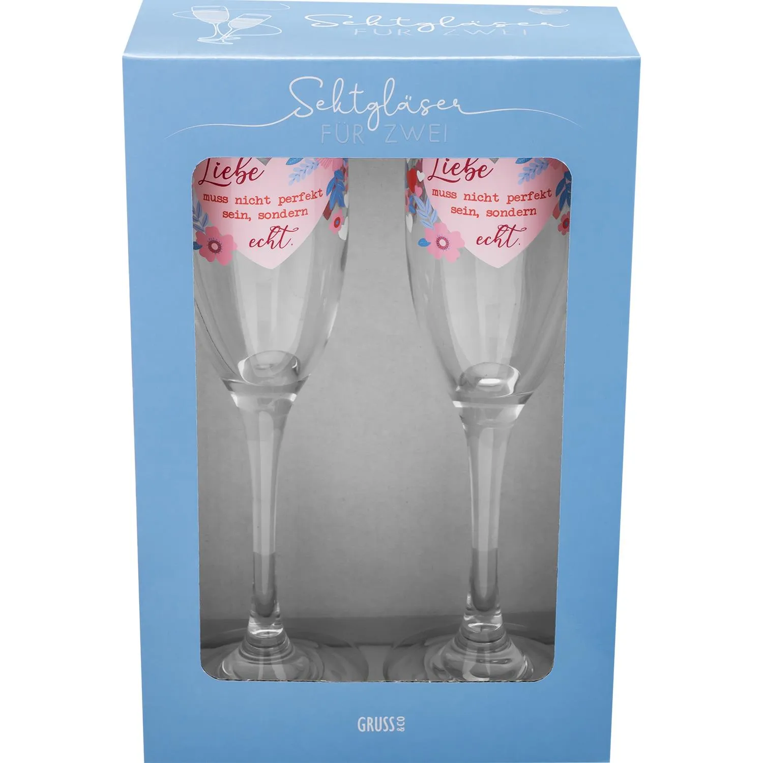 Sektgläser-Set aus zwei Gläsern in Geschenkbox mit Herz-Spruch