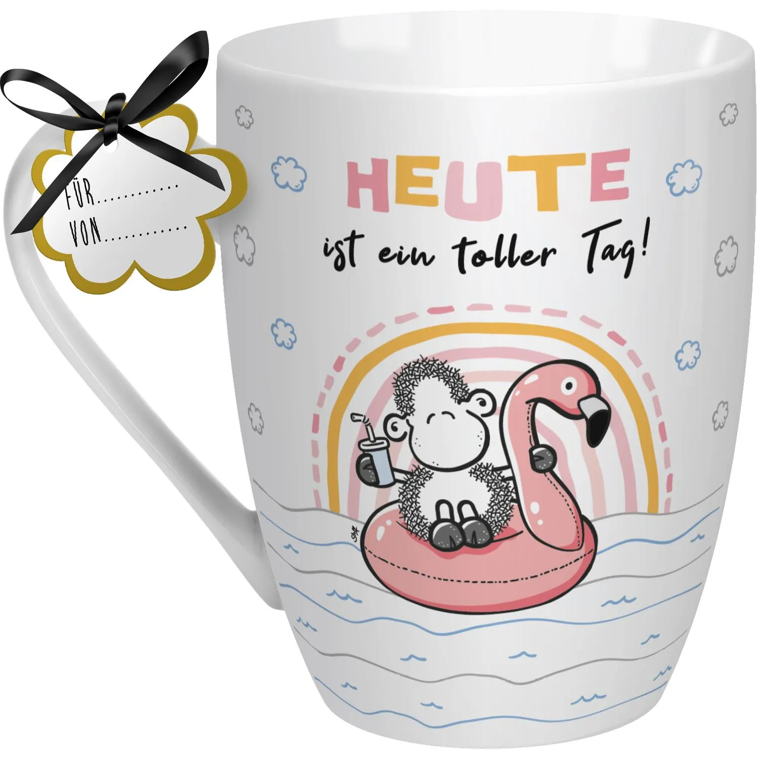 Weiße Porzellans-Tasse mit Pastell-Regenbogen und Schäfchen – Heute ist ein toller Tag!