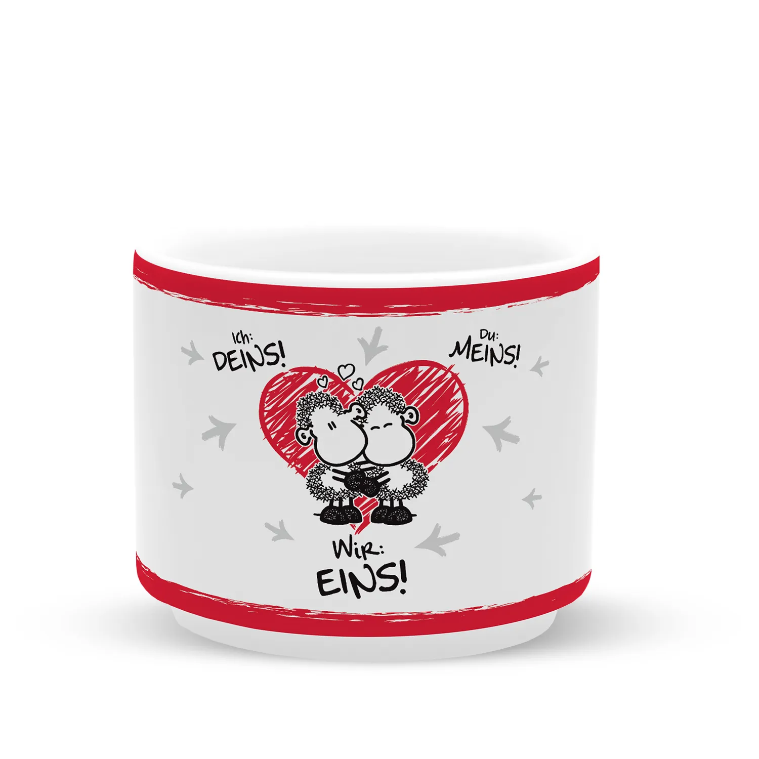 Weiße Porzellan-Tasse mit rotem Rand und zwei Schafen vor Herz, Spruch Wir: Eins!