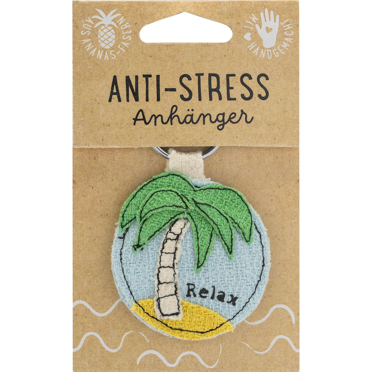 Anti-Stress Schlüsselanhänger mit Palmeninsel auf blauem Hintergrund