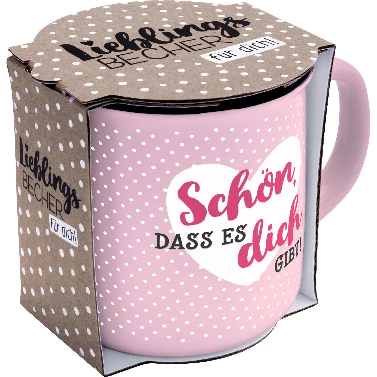 Rosa Porzellan-Tasse mit weißen Tupfen und Herzmotiv, Geschenkverpackung