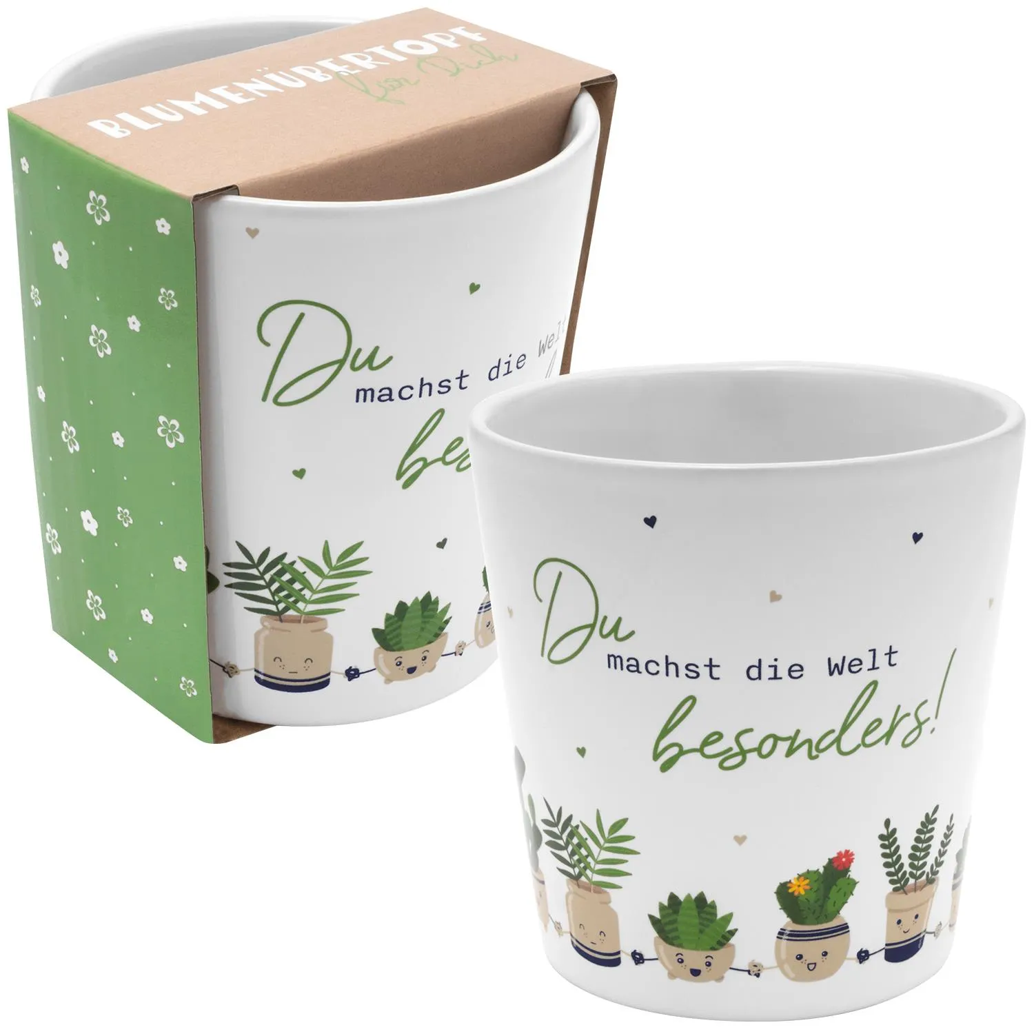 Weiße Keramiktasse mit Pflanzendesign und Spruch 'Du machst die Welt besonders!'