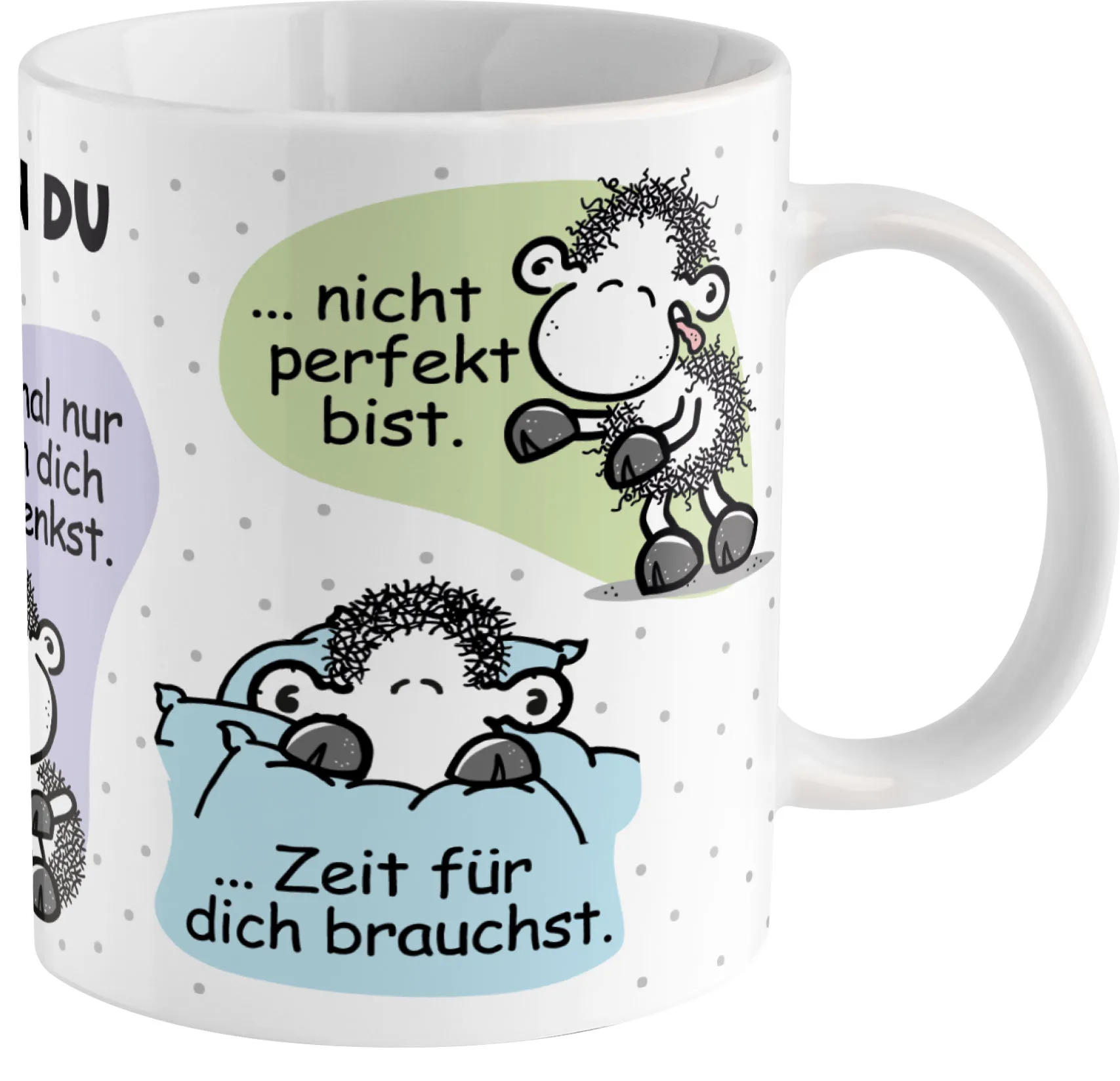 Weiße Keramiktasse mit Schäfchen-Motiven in Pastellgrün, Lila und Blau