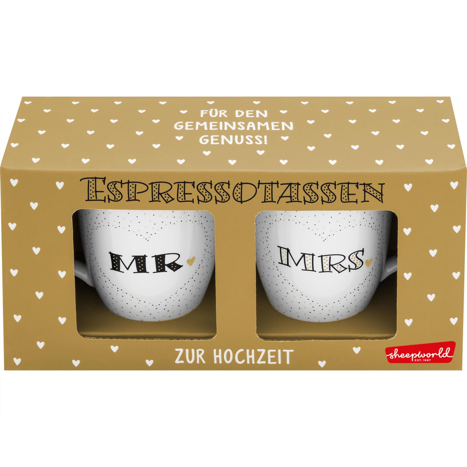 Espresso-Tassen-Set Mr & Mrs in Geschenkbox, Porzellan, goldene Box mit Herzen