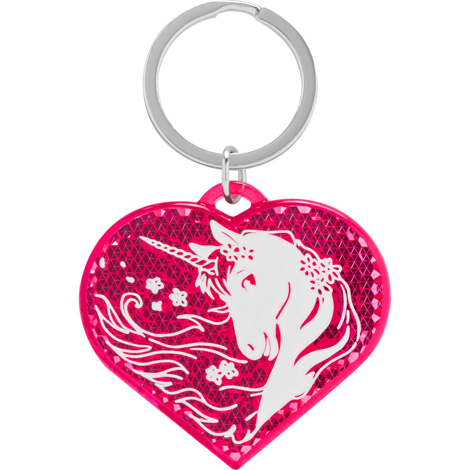 Pinkes Herzreflektor mit weißem Einhorn, 8 cm lang, 5,3 cm breit, Kunststoff/Metall, mit Schlüsselring.