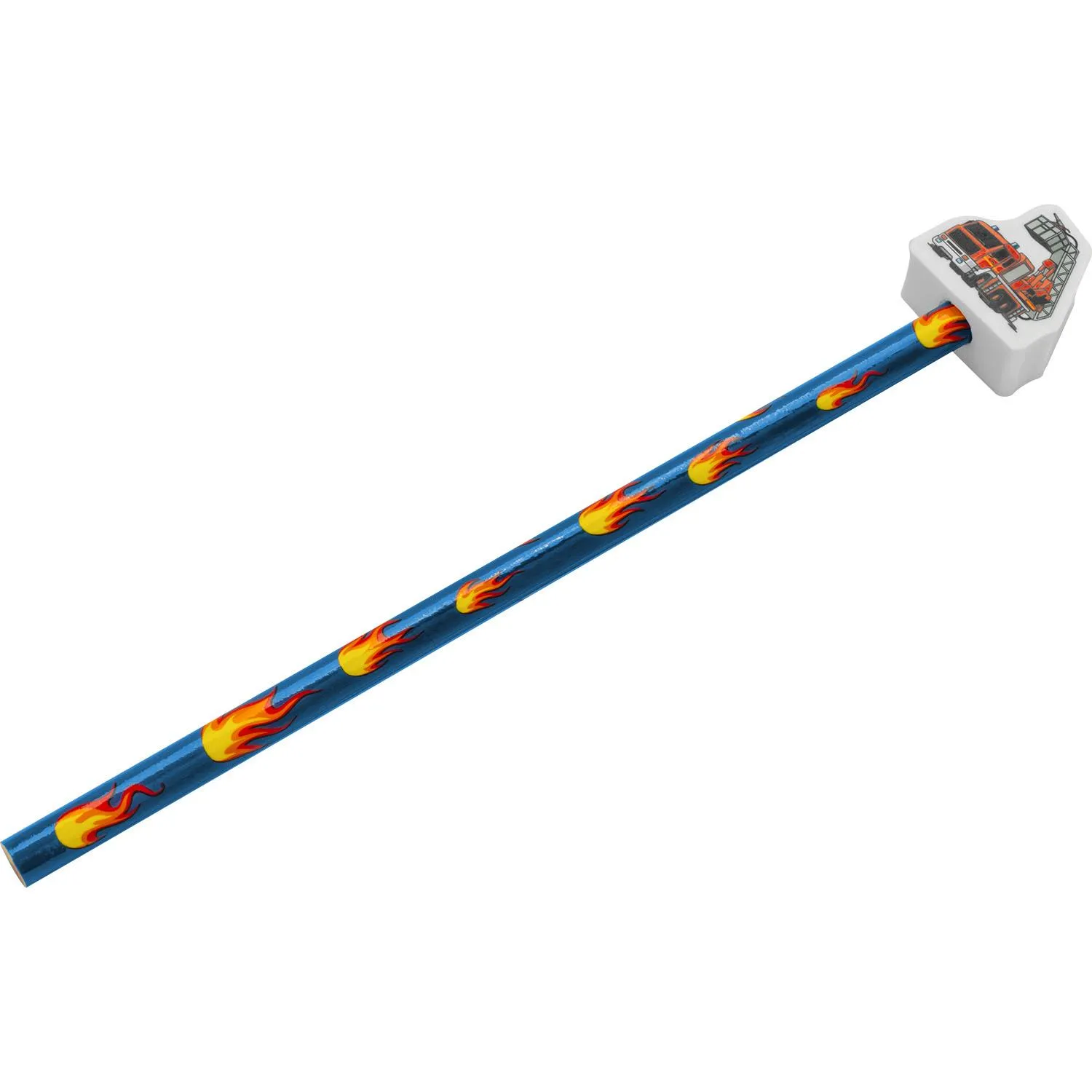 Blauer Stift mit Flammenmuster und weißem Feuerwehrauto-Eraser