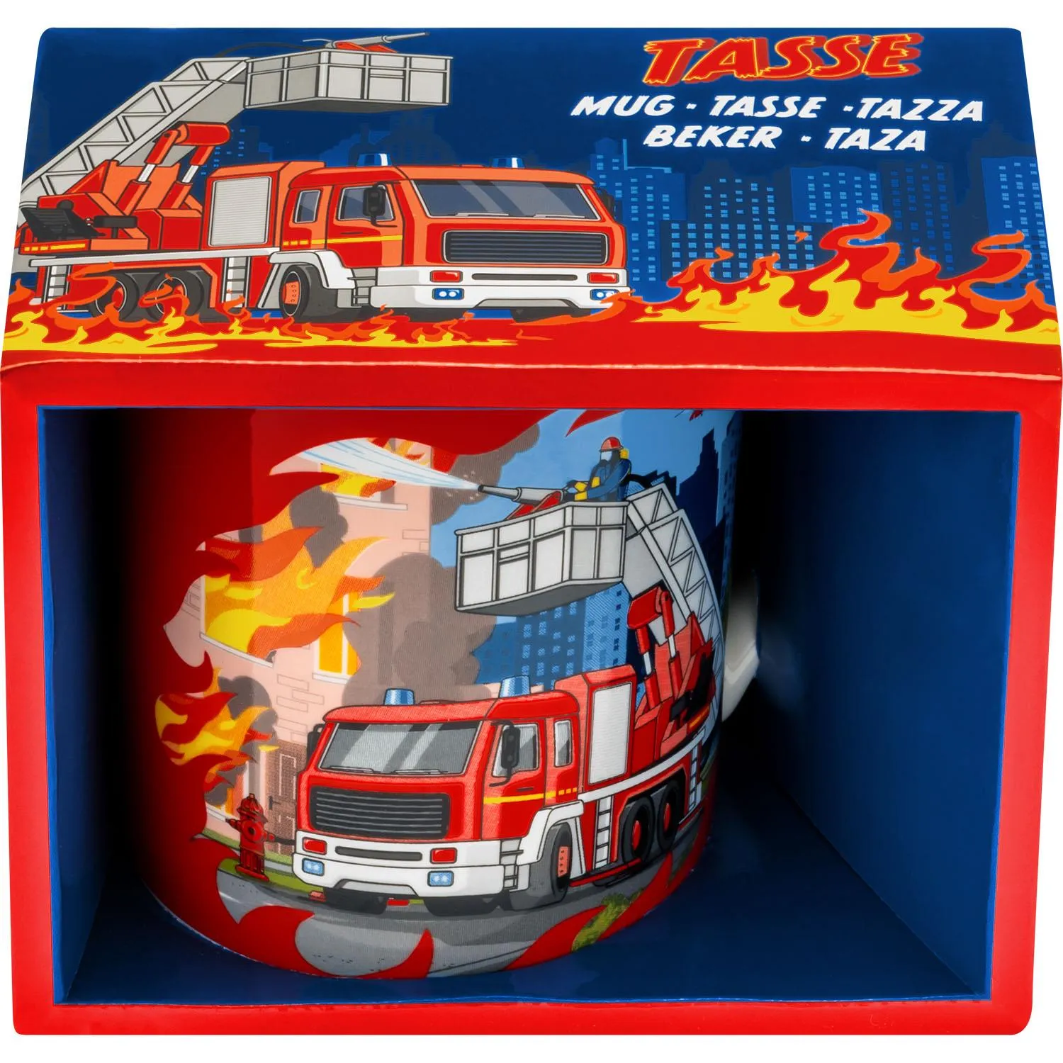 Rote Porzellan-Tasse mit Feuerwehr-Löschfahrzeug-Motiv vor Flammen – tolles Schulanfang-Geschenk.