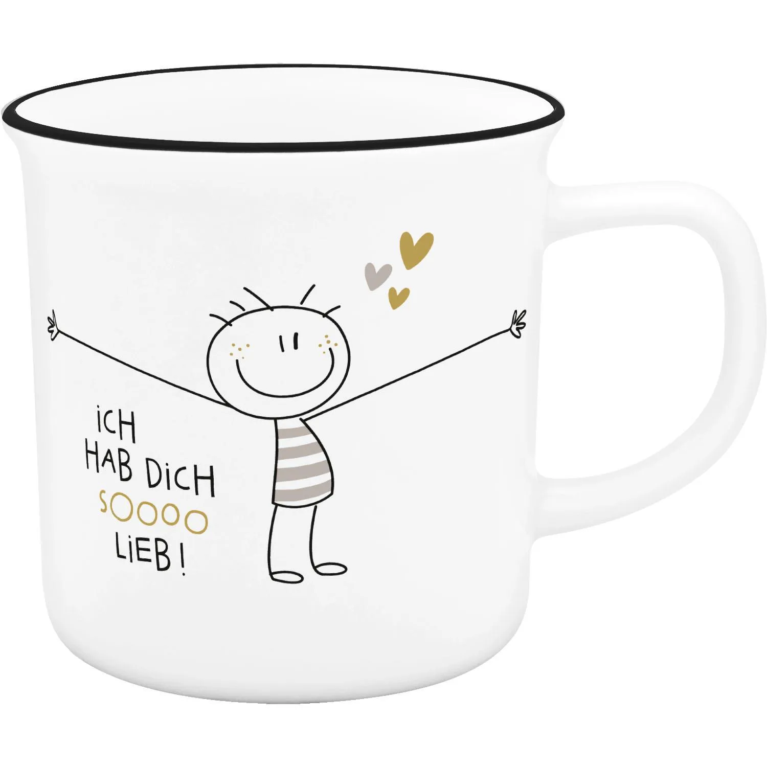 Weiße XL-Tasse mit fröhlicher Strichfigur, Goldherzen und dem Spruch Ich hab dich sooo lieb.