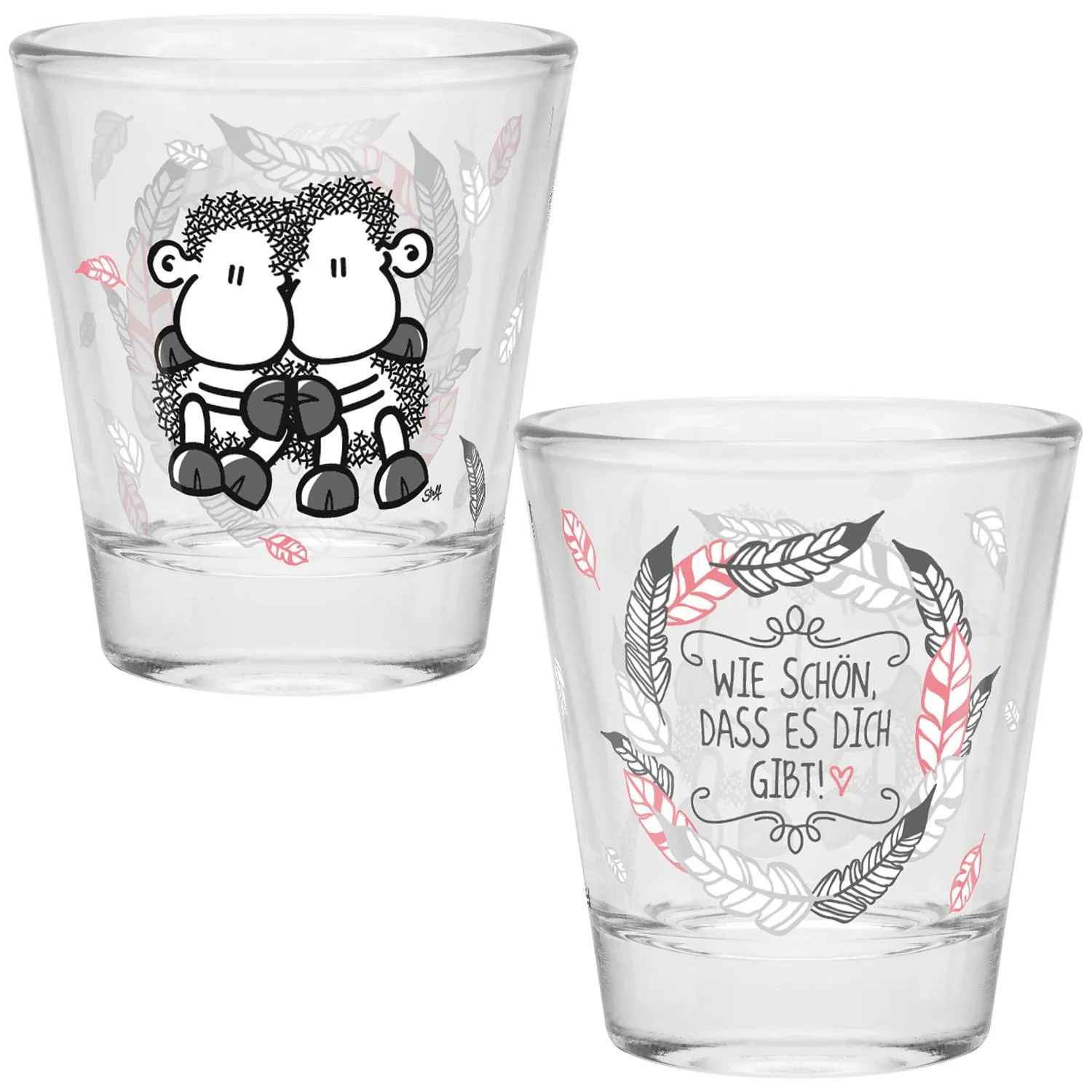 Schnapsglas-Set aus Glas mit Schaf-Motiv und Spruch 'Wie schön, dass es dich gibt!'