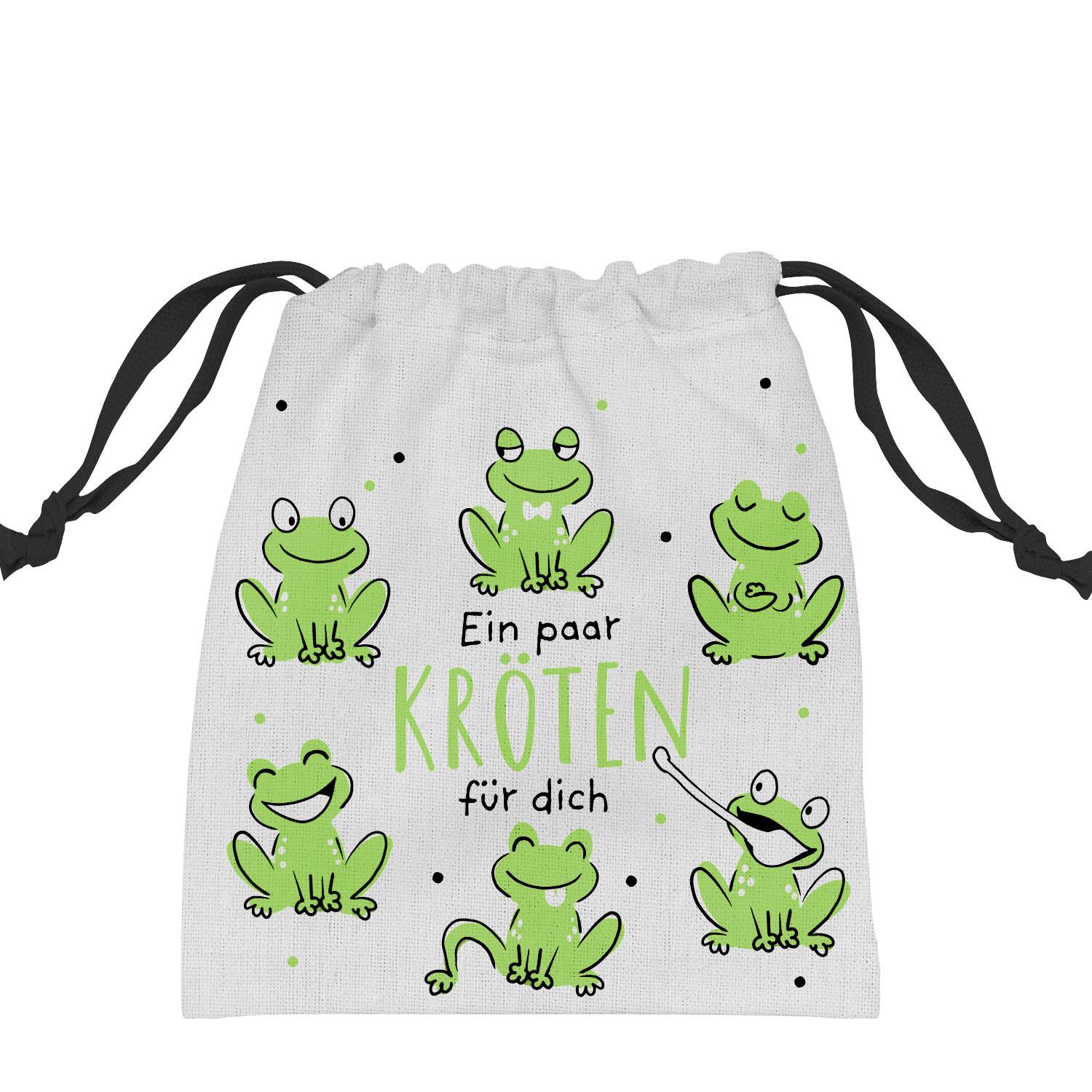 Weißes Geschenksäckchen mit grünen Fröschen-Motiv und Zugband