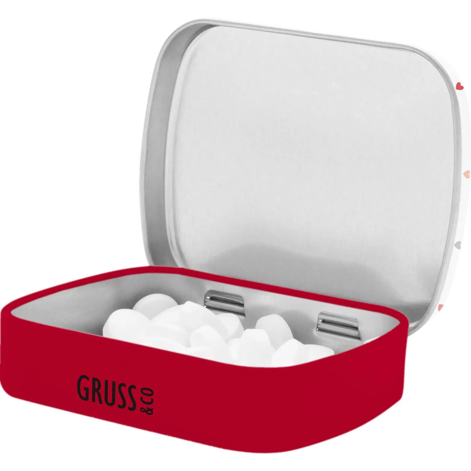 Mintdose »Herzensmensch« aus rotem Metall mit Golddruck, gefüllt mit Pfefferminzbons.