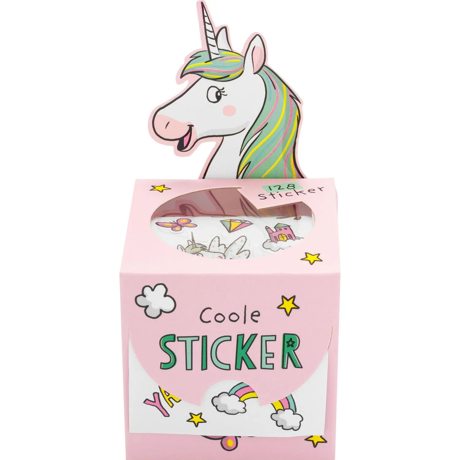 Pastellrosa Stickerbox mit Einhorn-Motiv und Fenster aus Kunststoff