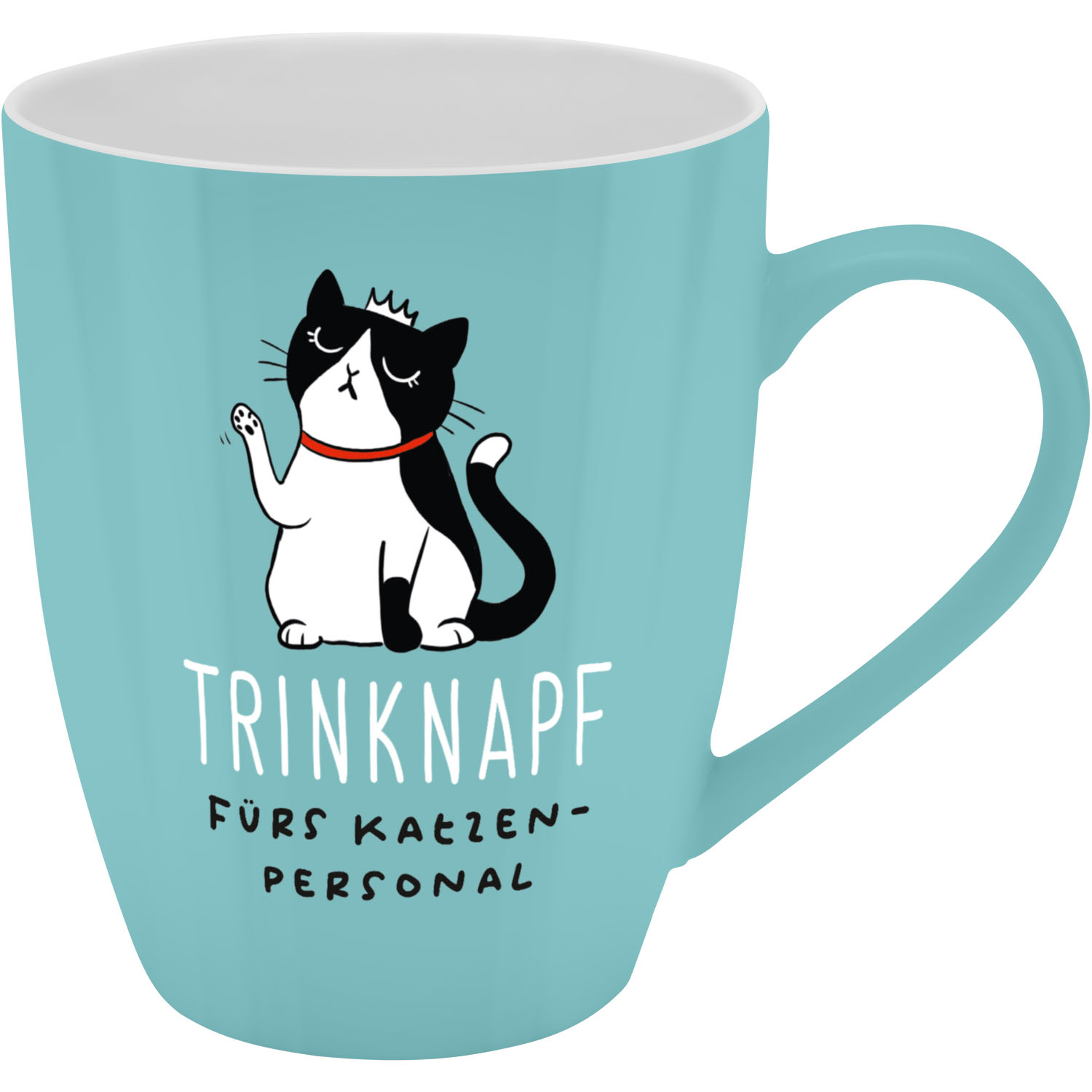 Becher 'Trinknapf fürs Katzenpersonal' mit Cartoon-Katze auf Mint-Türkis.