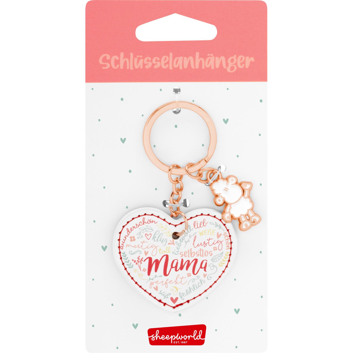 Herzförmiger Schlüsselanhänger mit Mama-Schriftzug, Roségold-Ring und Schäfchen-Anhänger