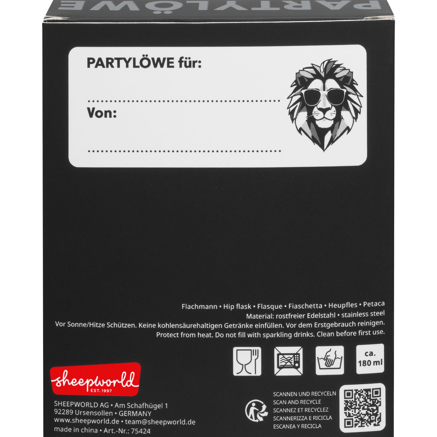 Edelstahl-Flachmann mit Partylöwe-Motiv und Sichtverpackung, 180 ml