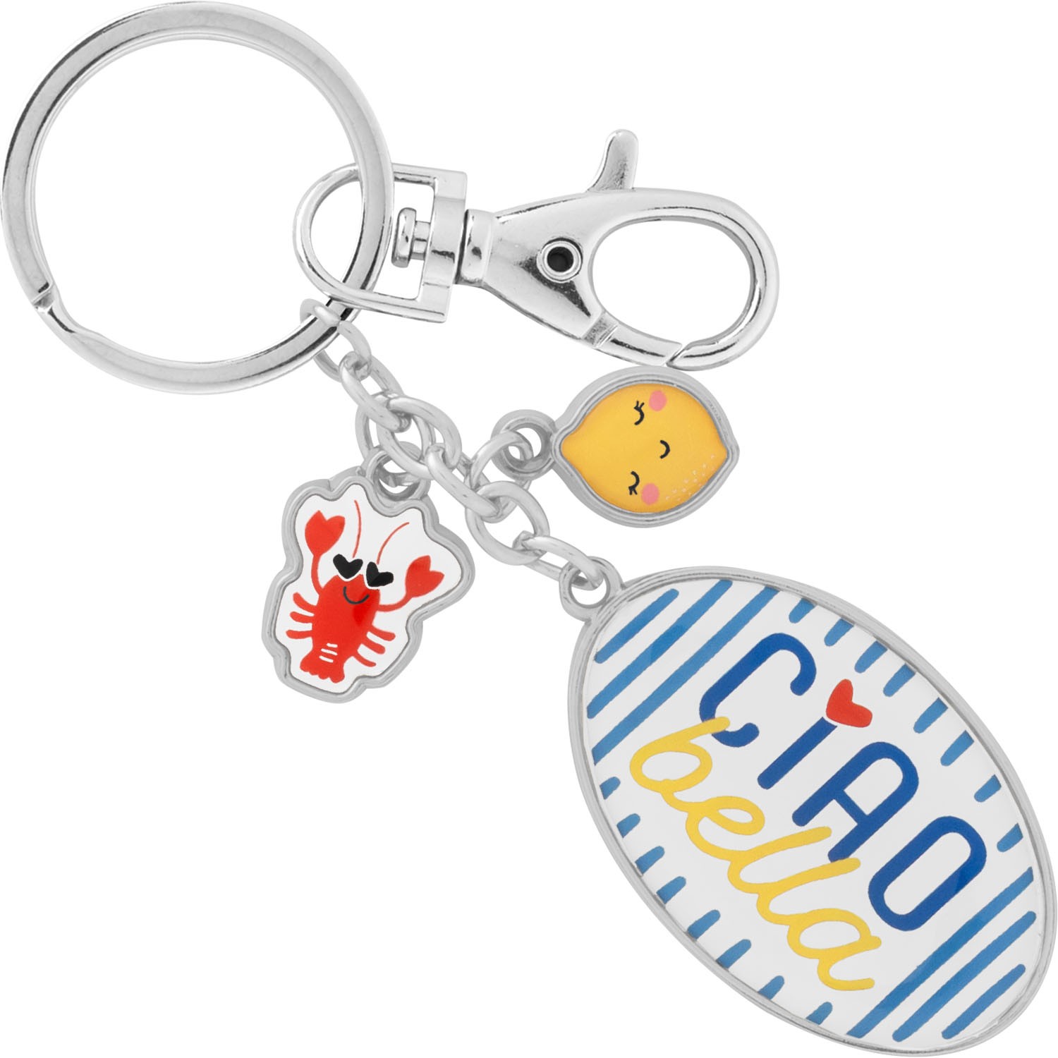Taschenanhänger mit drei Charms: roter Krebs, gelbes Emoji-Gesicht und beschriftetes Epoxid-Schild.
