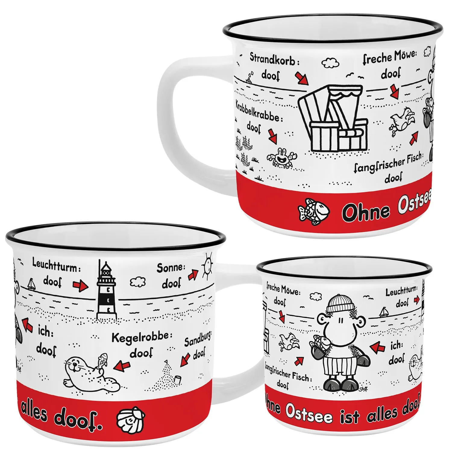 Weiße Porzellan-Tasse mit maritimen Schäfchen-Doodles und rotem unteren Rand; Spruch 'Ohne Ostsee ist alles doof'.
