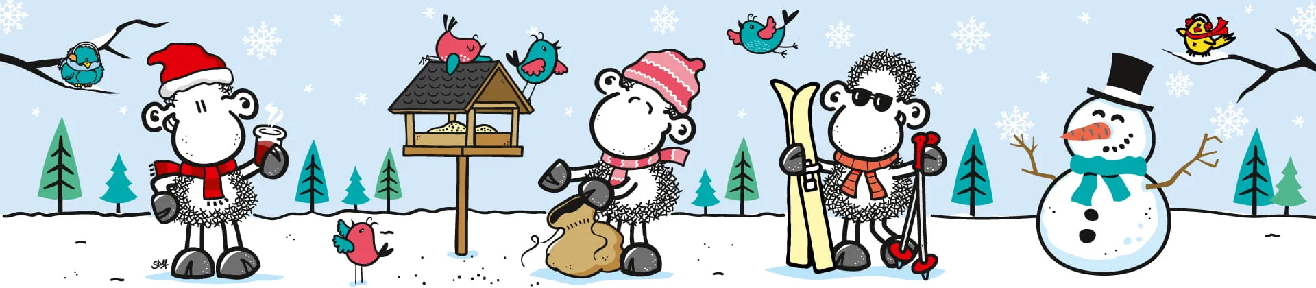 Winterliche Grafik mit sheepworld Schafen im Schnee