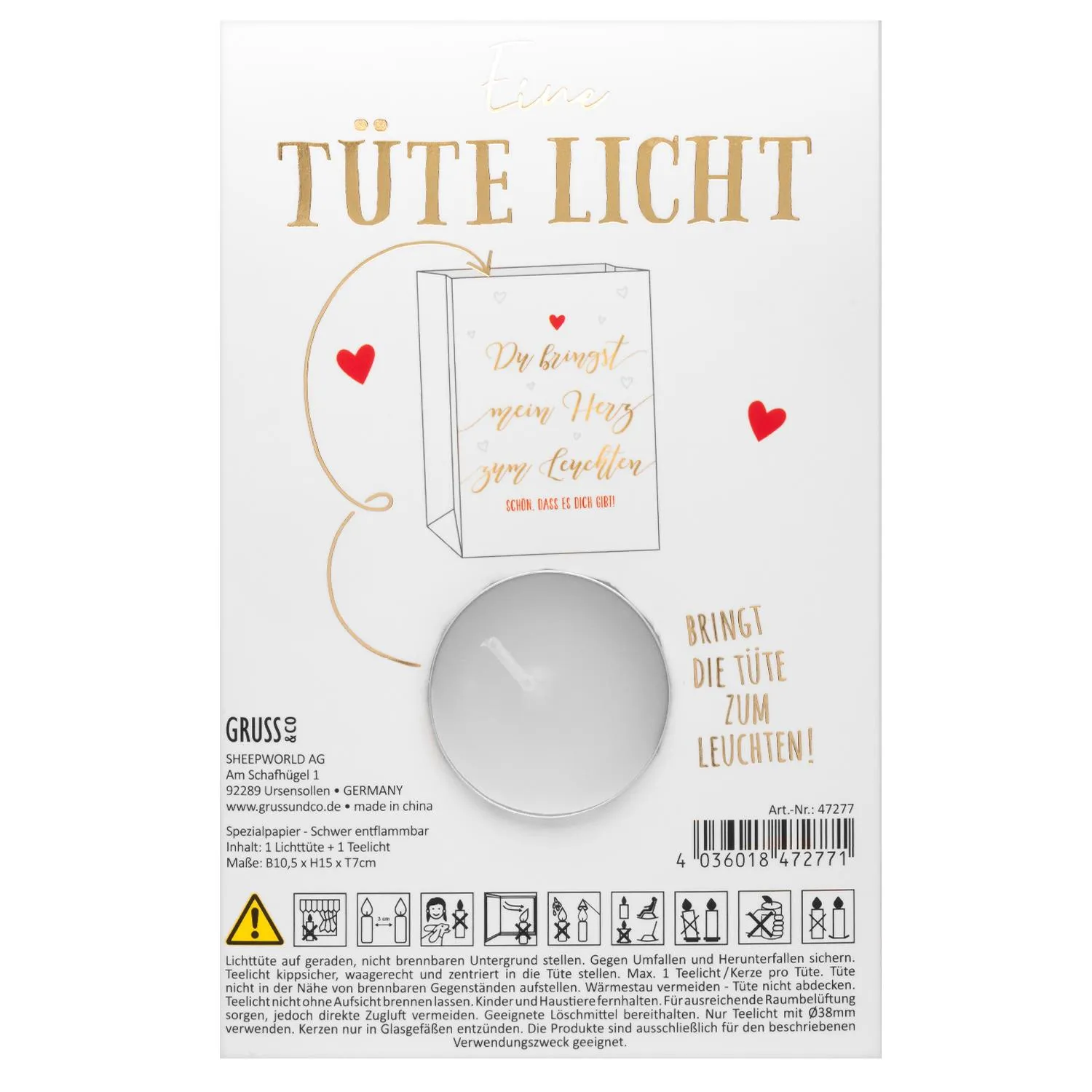 Lichttüte aus schwer entflammbarem Papier mit Ausstanzungen, Golddruck und Teelicht – romantisch leuchtendes Geschenk