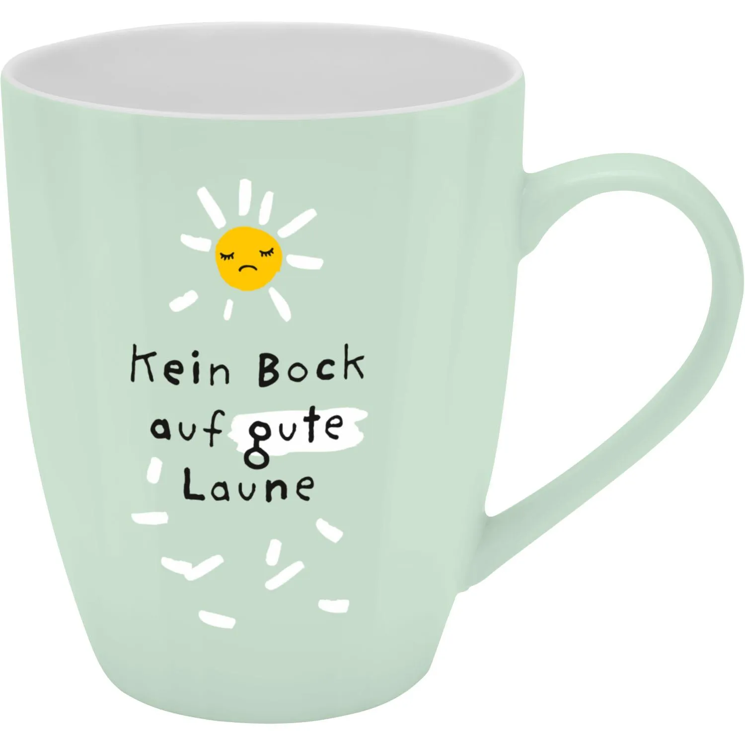 Pastellgrüne Keramiktasse mit gelbem Sonnenmotiv und Spruch 'Kein Bock auf gute Laune'.