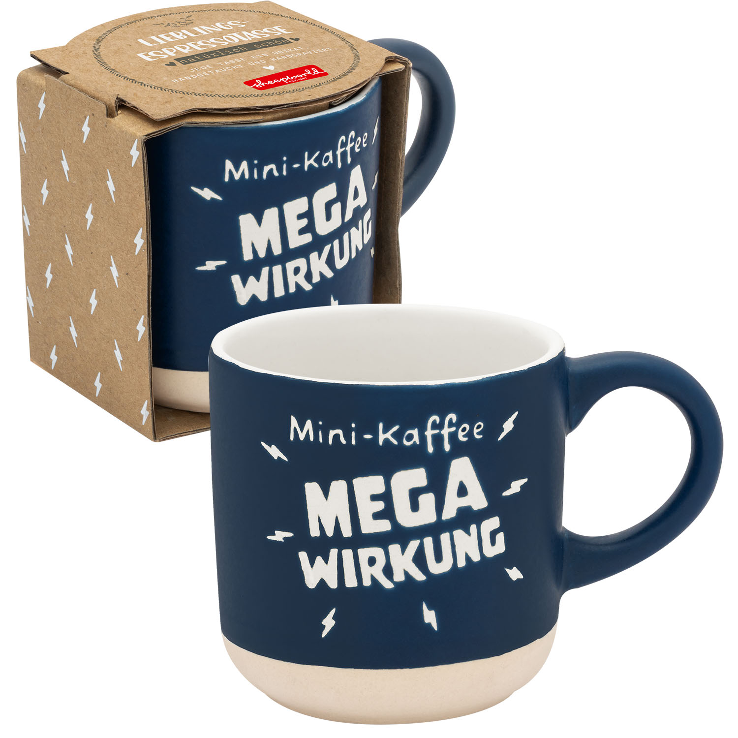 Dunkelblaue Espressotasse mit weißem Schriftzug Mega Wirkung und cremefarbener Boden
