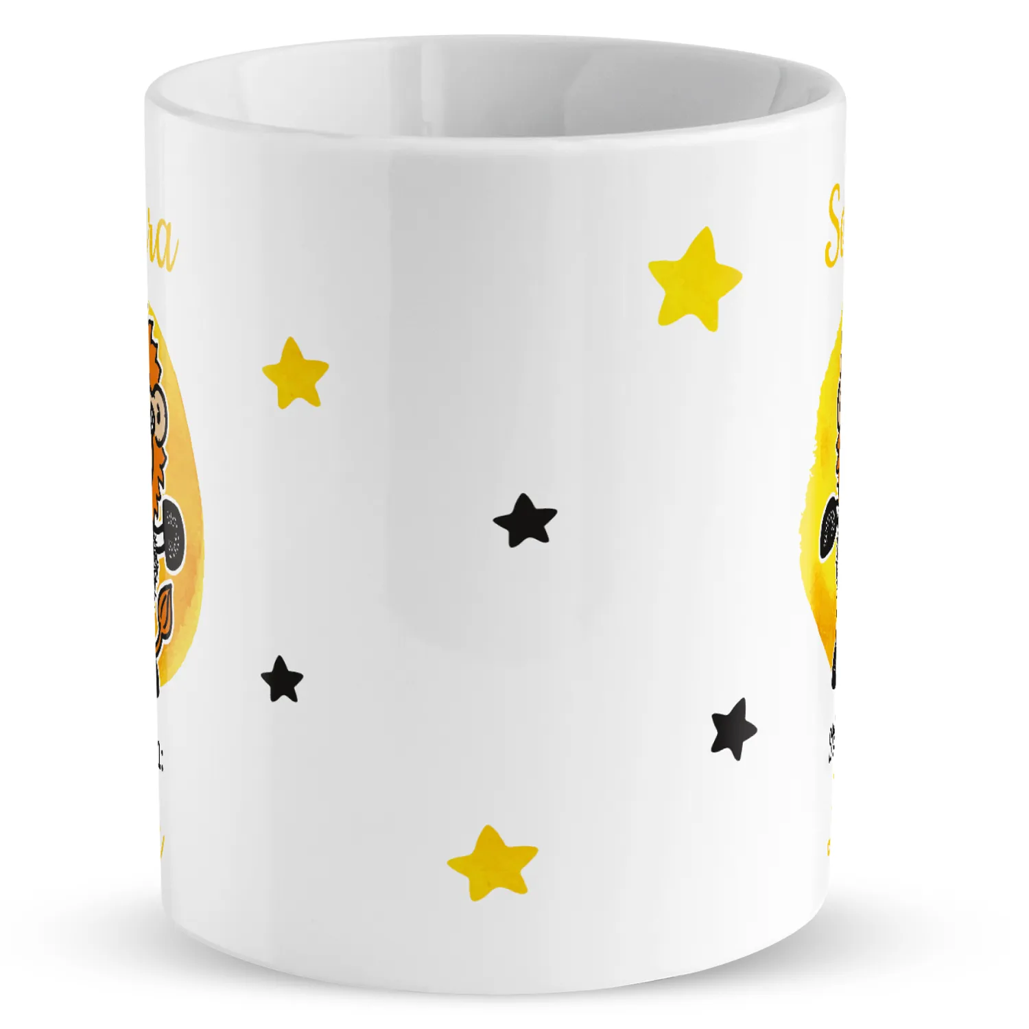 Weiße Porzellan-Tasse mit gelb-schwarzen Sternen, personalisierbar mit Namen und Sternzeichen Löwe.