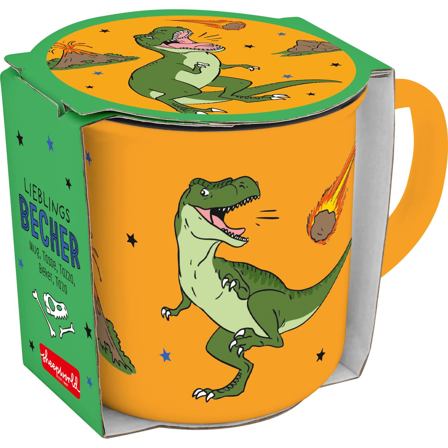 Becher »Dino« aus Bone China Porzellan, orange mit grünem Dinosaurier-Motiv.