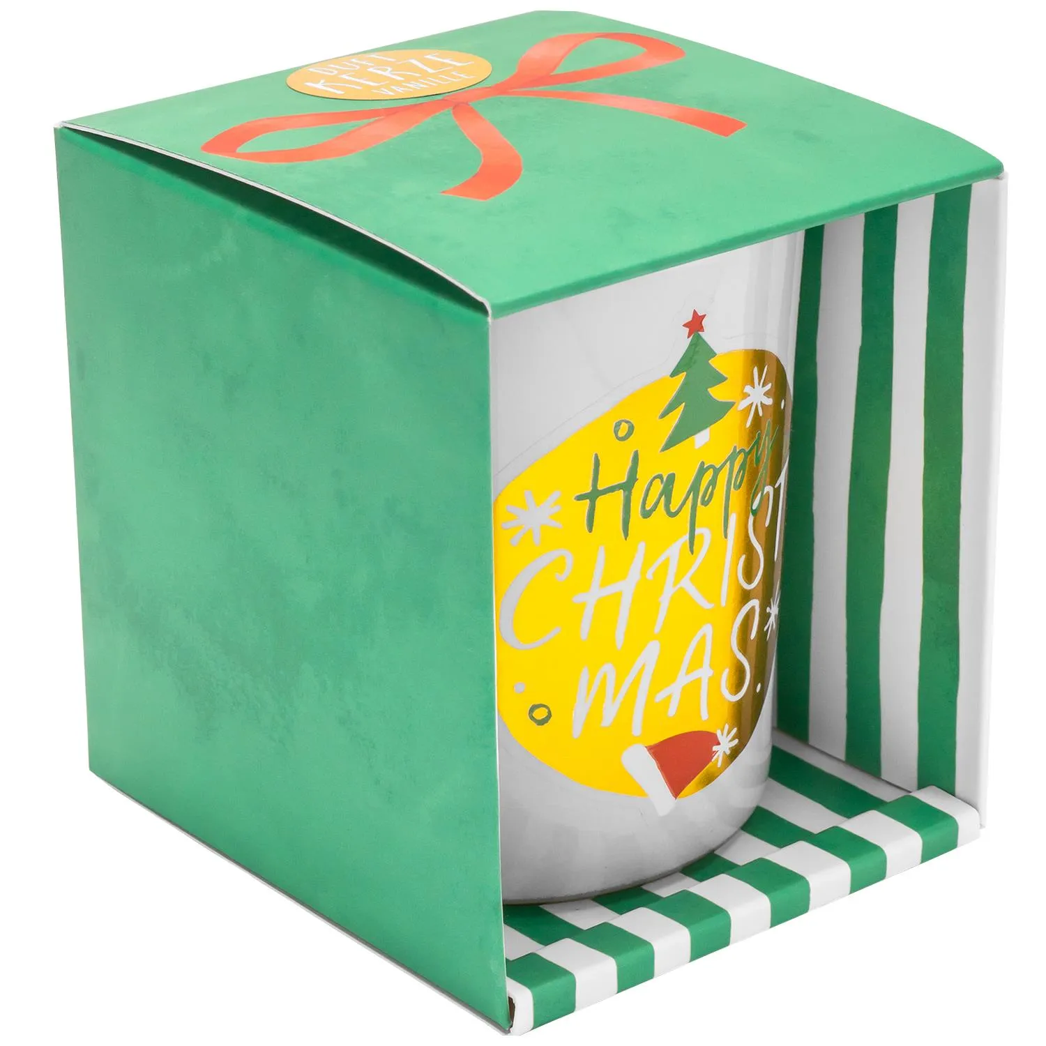 Weiße Keramik-Tasse mit gelbem 'Happy Christmas'-Motiv vor grün-weißem Geschenkbox-Setting