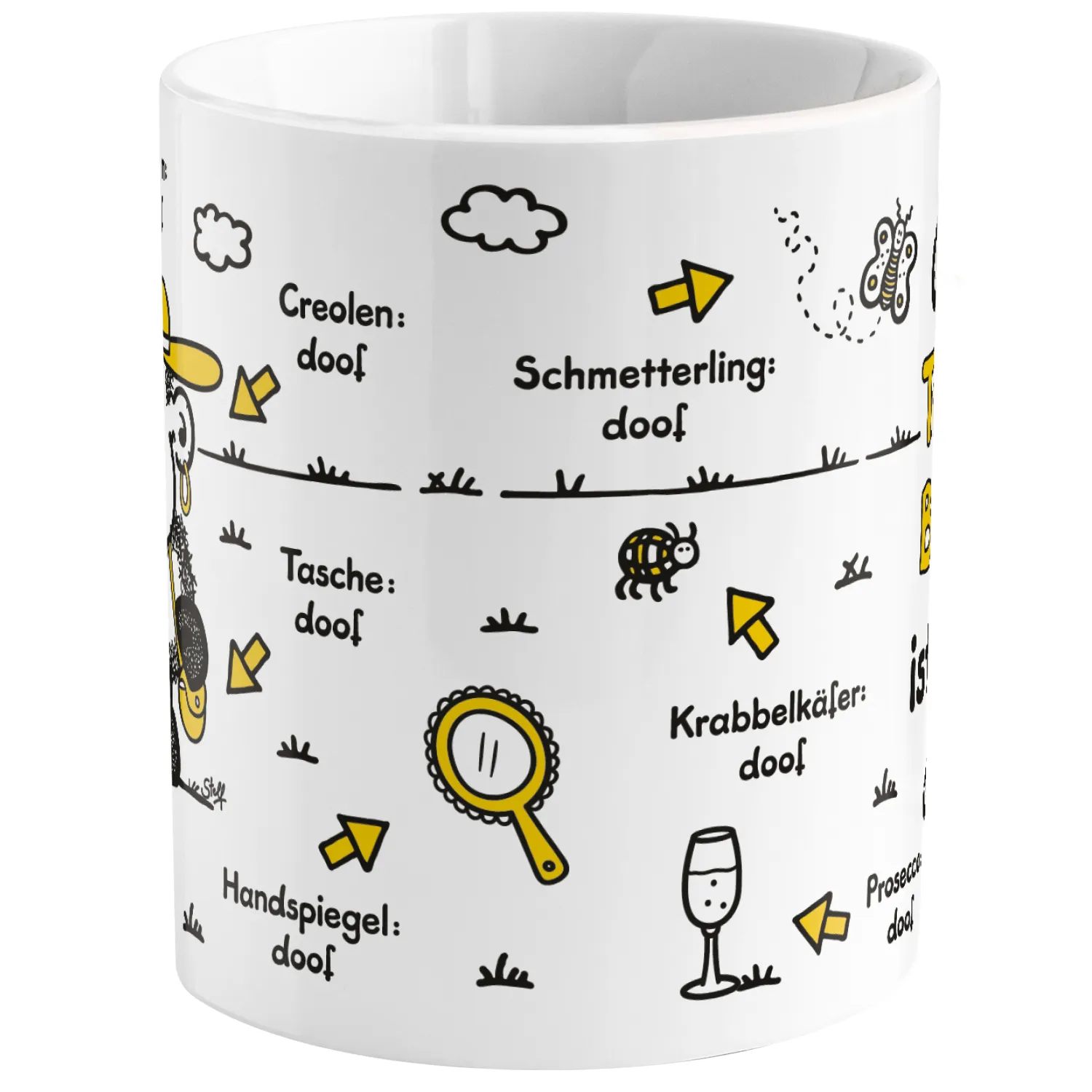 Weiße Porzellan-Tasse mit cartoonartigen Doodle-Motiven in Schwarz und Gelb.