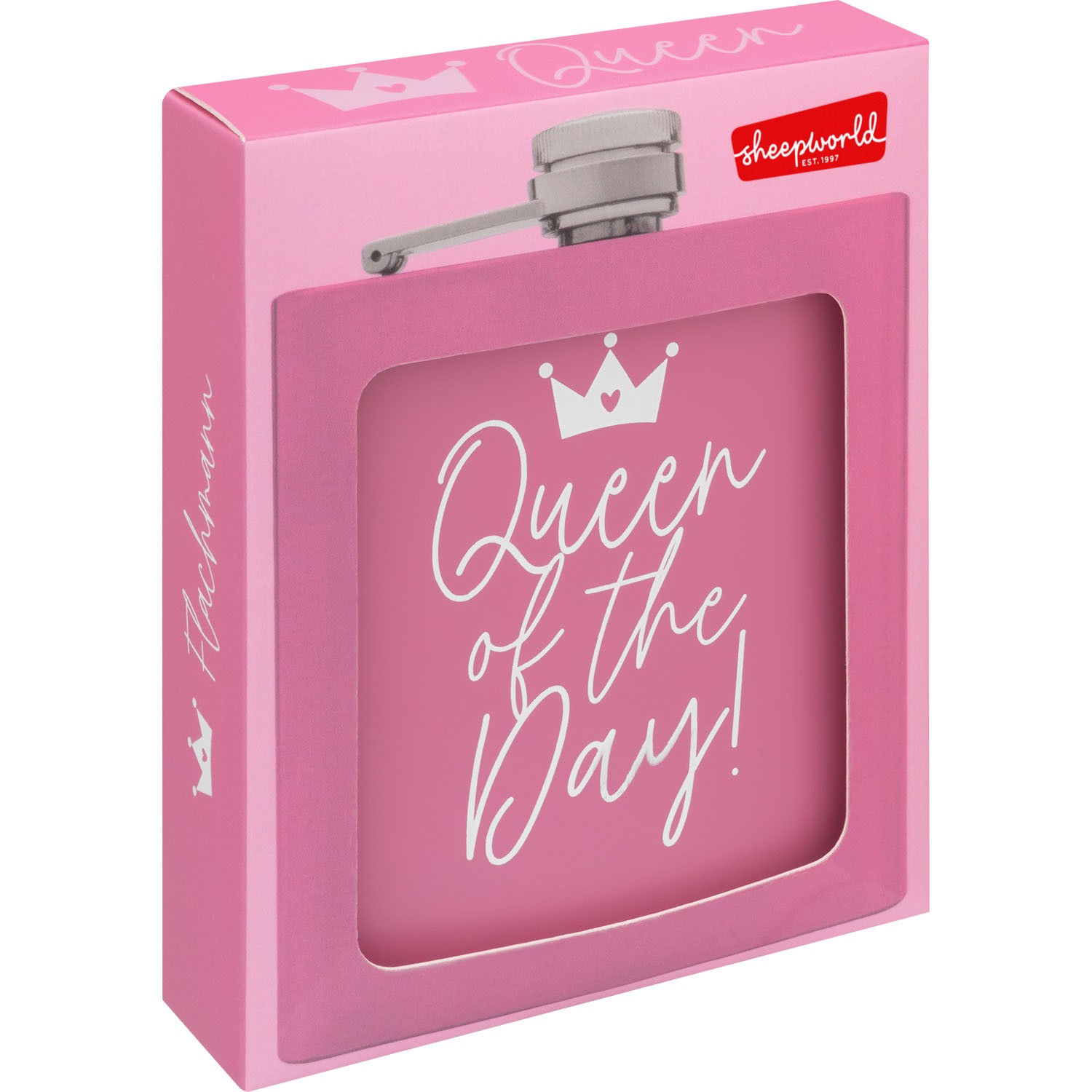Rosa Flachmann aus Edelstahl in pinker Geschenkverpackung mit Krone-Schriftzug