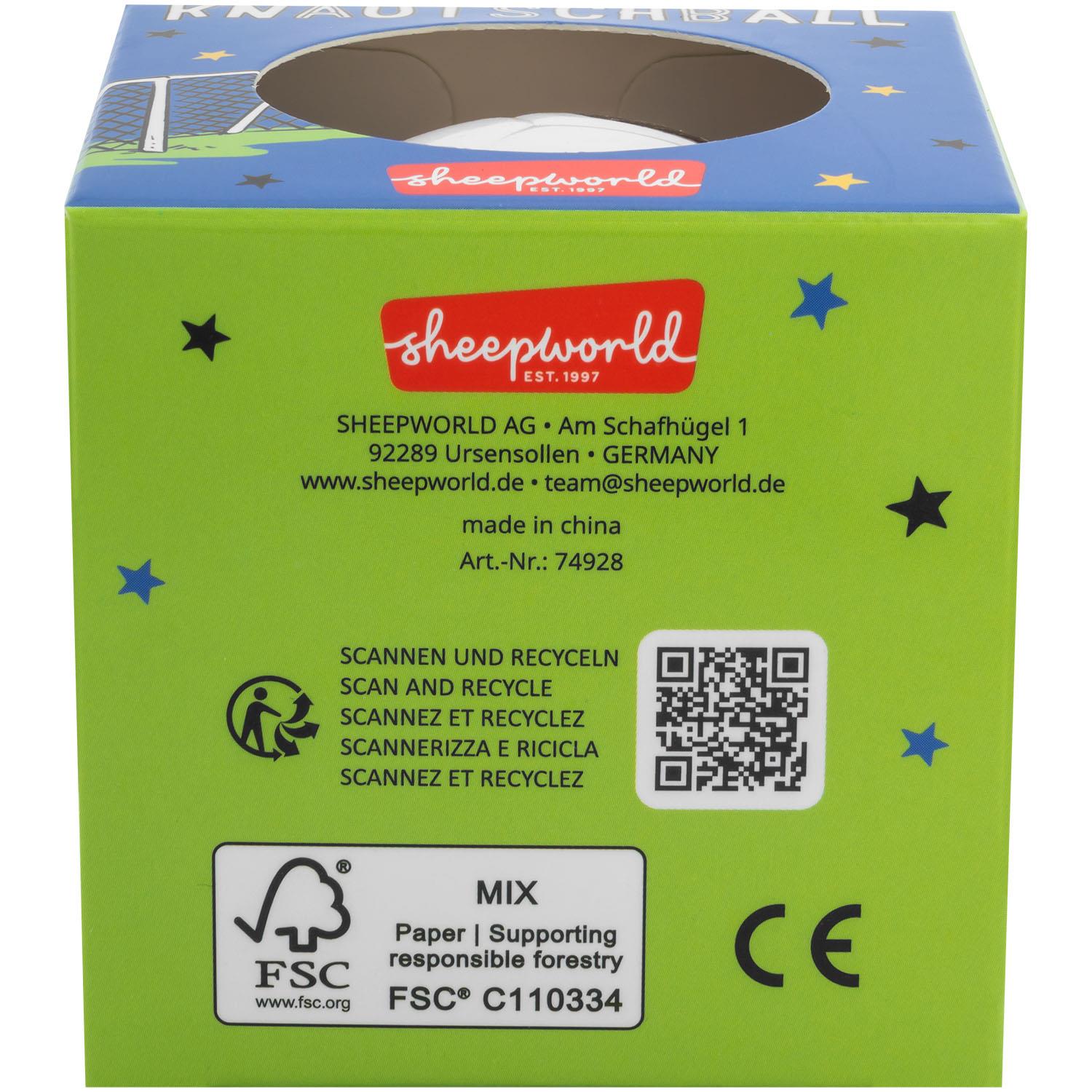 Knautschball in Fußballform in Geschenkbox, weich und drückbar.