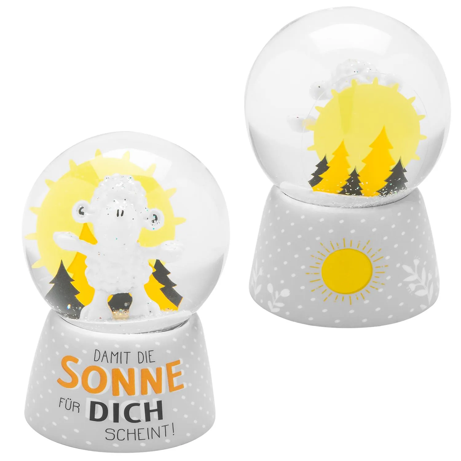 Schneekugel mit grauem Sockel, Schäfchen vor Sonne, Glitzer im Inneren, Glasglocke.